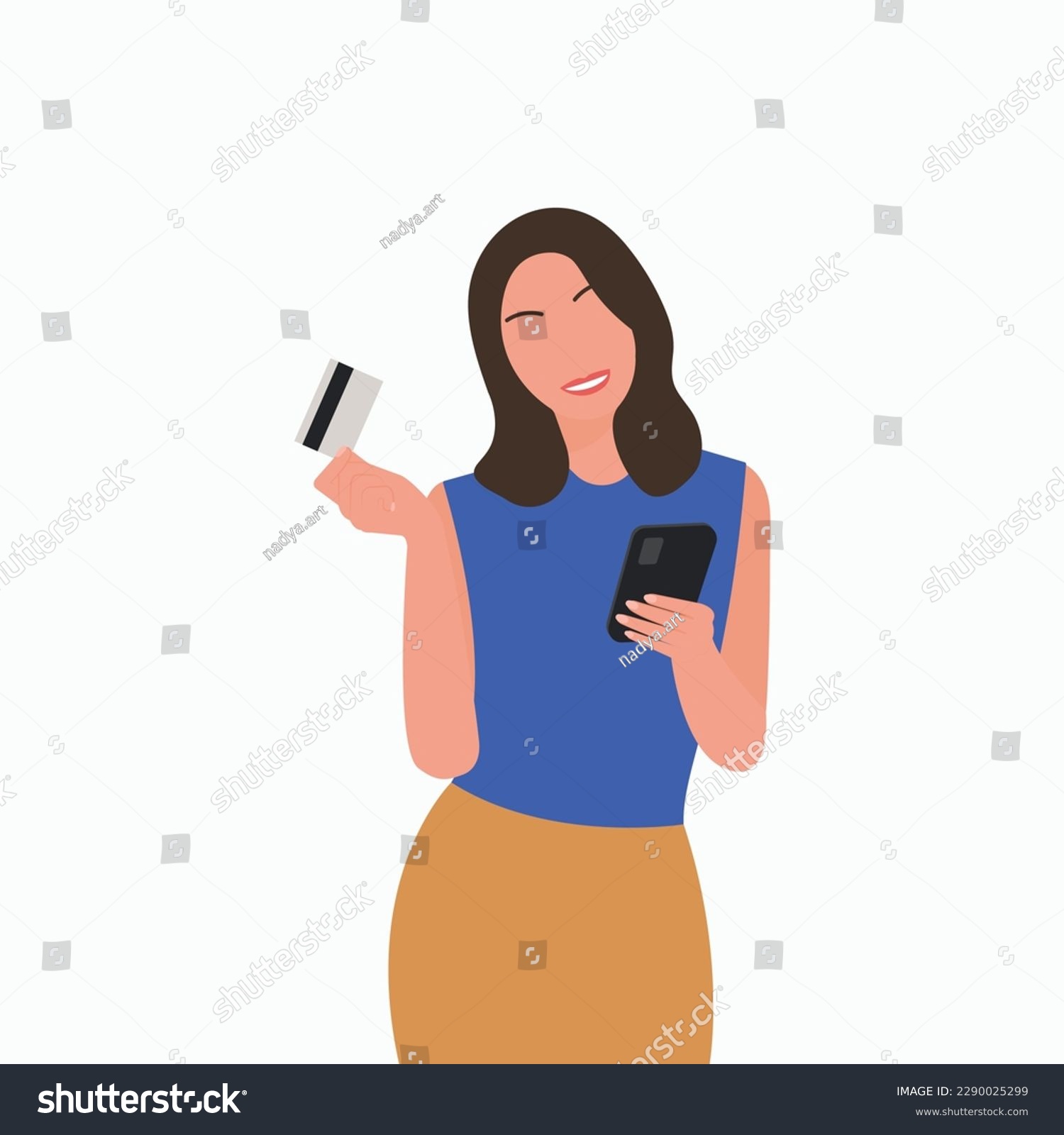 SVG of Young woman holding card  in one hand and phone in another hand with smile on her face. Standing pose isolated faceless silhouette female cartoon character Flat vector illustration. White background.  svg