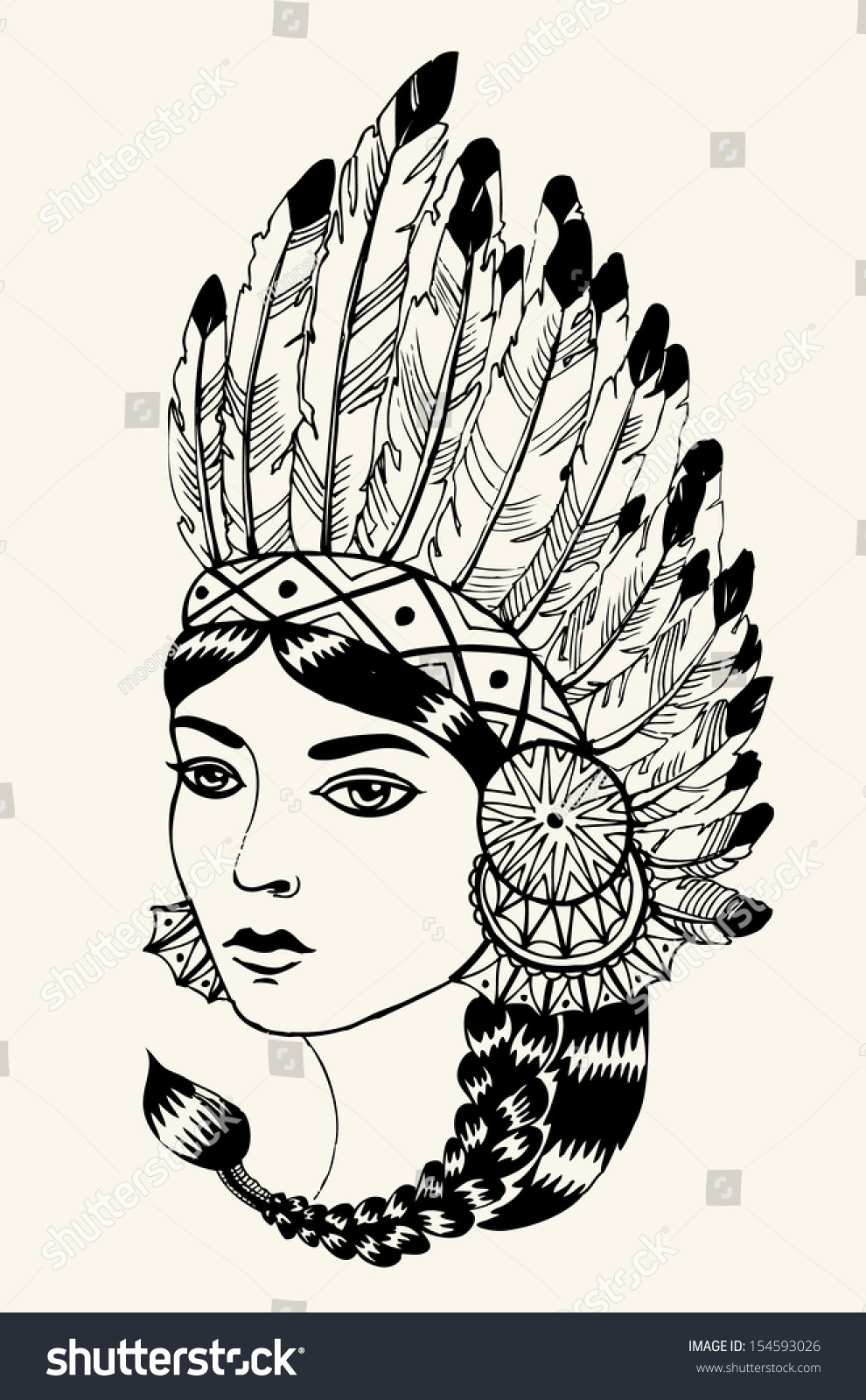 Young Woman In Costume Of American Indian. Linear Vector Illustration ...