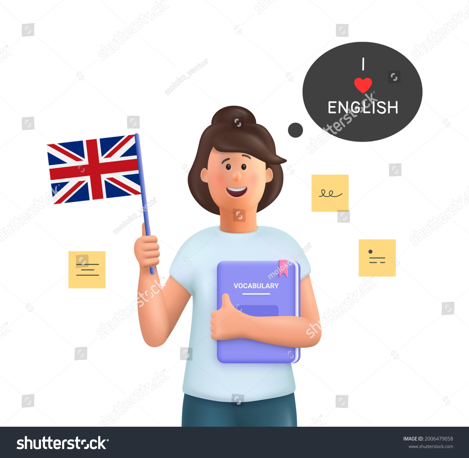 SVG of Young woman Jane studying english holding a dictionary and english flag. Learn English concept. 3d vector people character illustration. svg