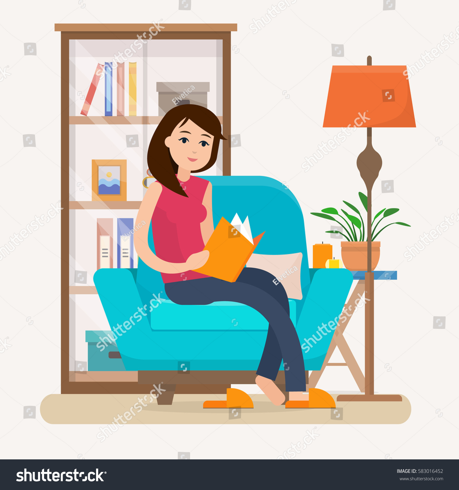 Young Woman Reading Book On Chair Stock Vector (Royalty Free) 583016452 ...