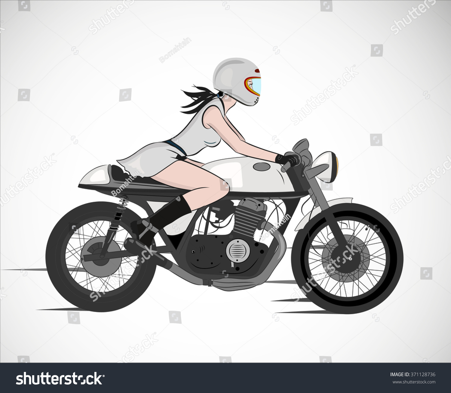 Download Young Woman Ride White Retro Motorcycle Stock Vector 371128736 - Shutterstock