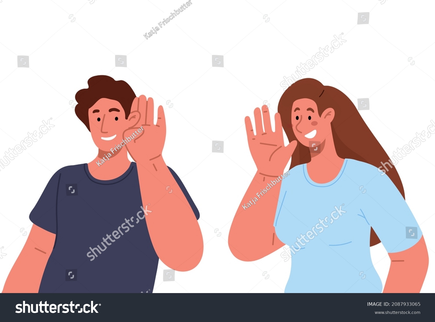 SVG of Young woman says something to her husband, man listens attentively and smiles.Couple of happy people talking.Vector flat illustration isolated on white background. svg