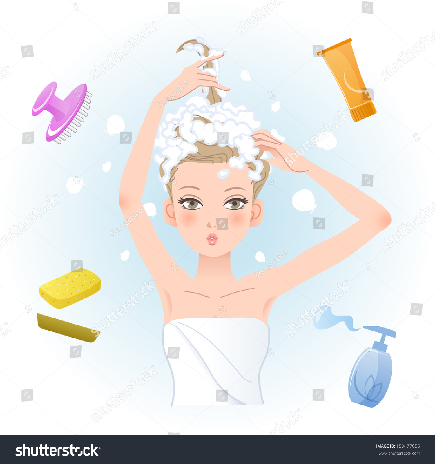 Young Woman Soaping Her Hair With Body/Hair Care Products. Funny ...
