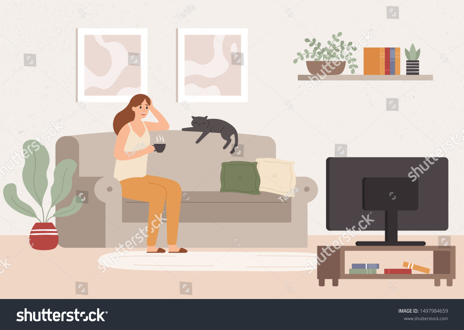 SVG of Young woman watch TV. Girl lying on couch with coffee mug and watching television show series. Female resting at cozy living room after work and watch movie vector illustration svg