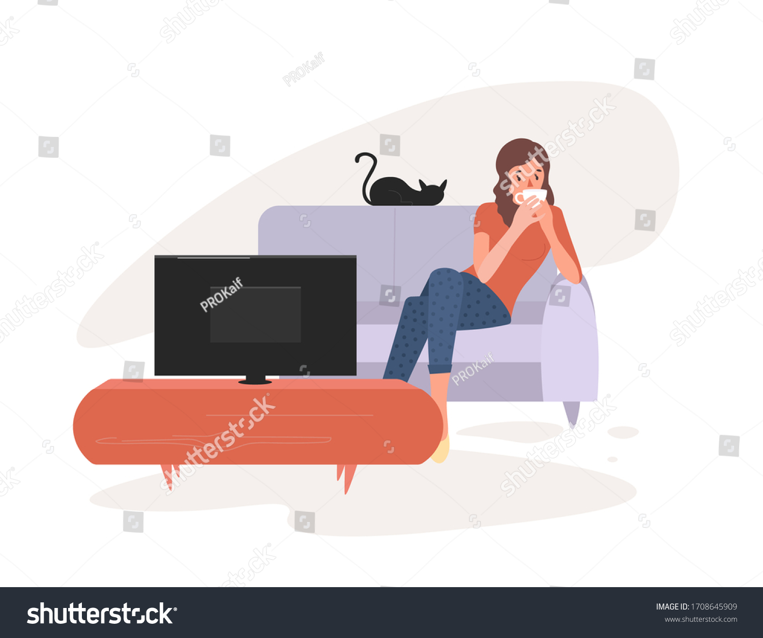 SVG of Young woman watches TV. Girl lying on couch with coffee mug and watching television show series. Female resting at cozy living room after work and watches movie. Vector illustration. svg