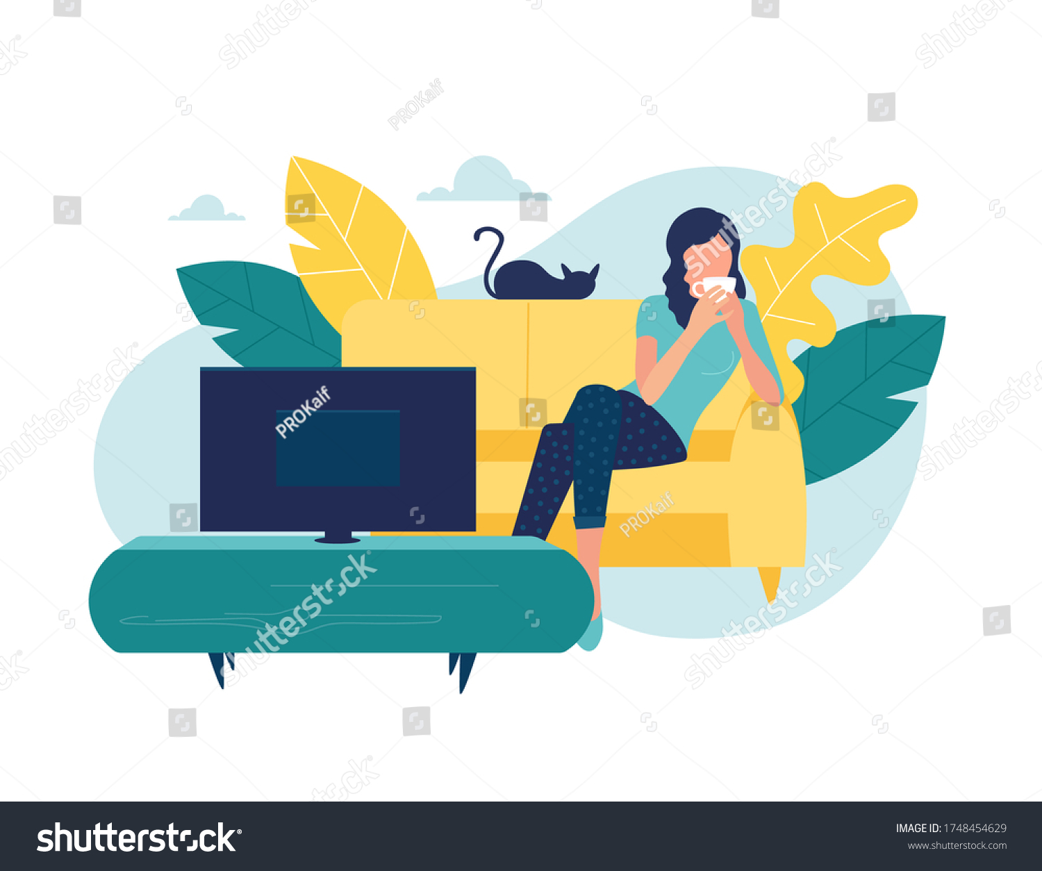 SVG of Young woman watches TV. Girl lying on couch with coffee mug and watching television show series. Female resting at cozy living room after work and watches movie.Vector illustration. svg