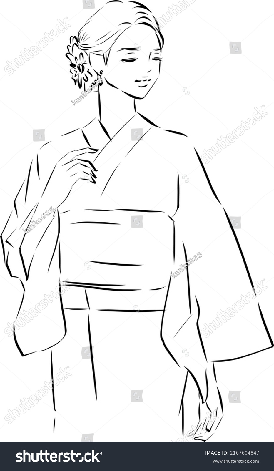 Young Woman Wearing Yukata Line Art Stock Vector (Royalty Free ...