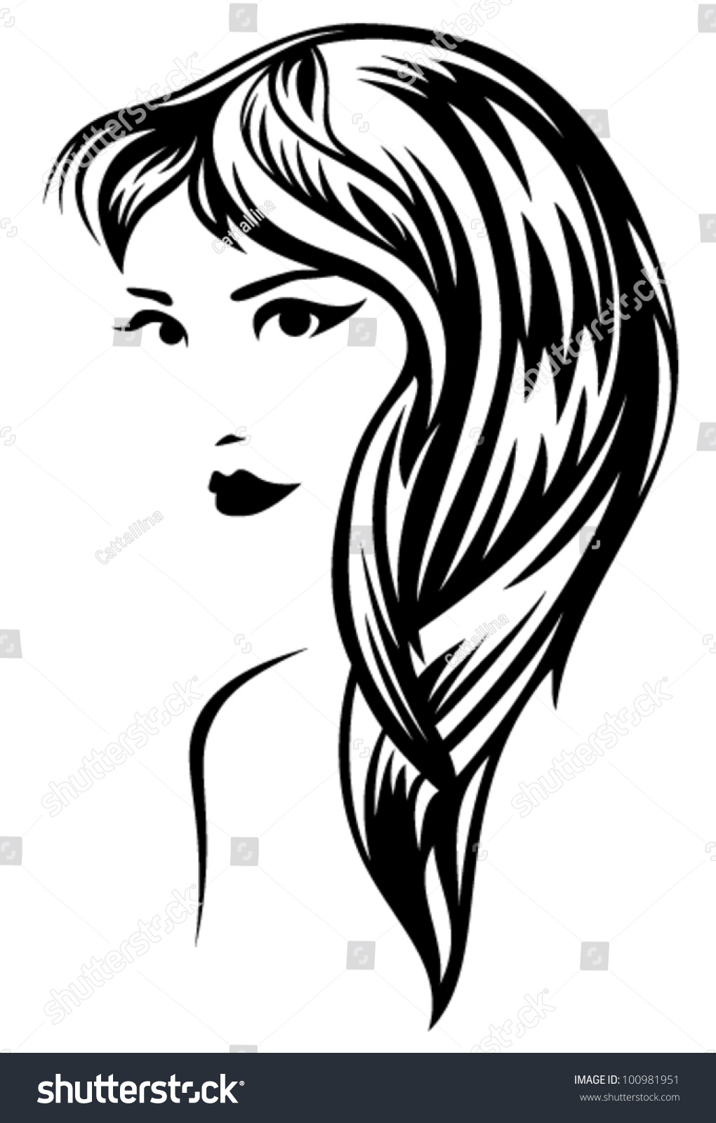 Young Woman With Beautiful Hair - Black And White Vector Outline ...