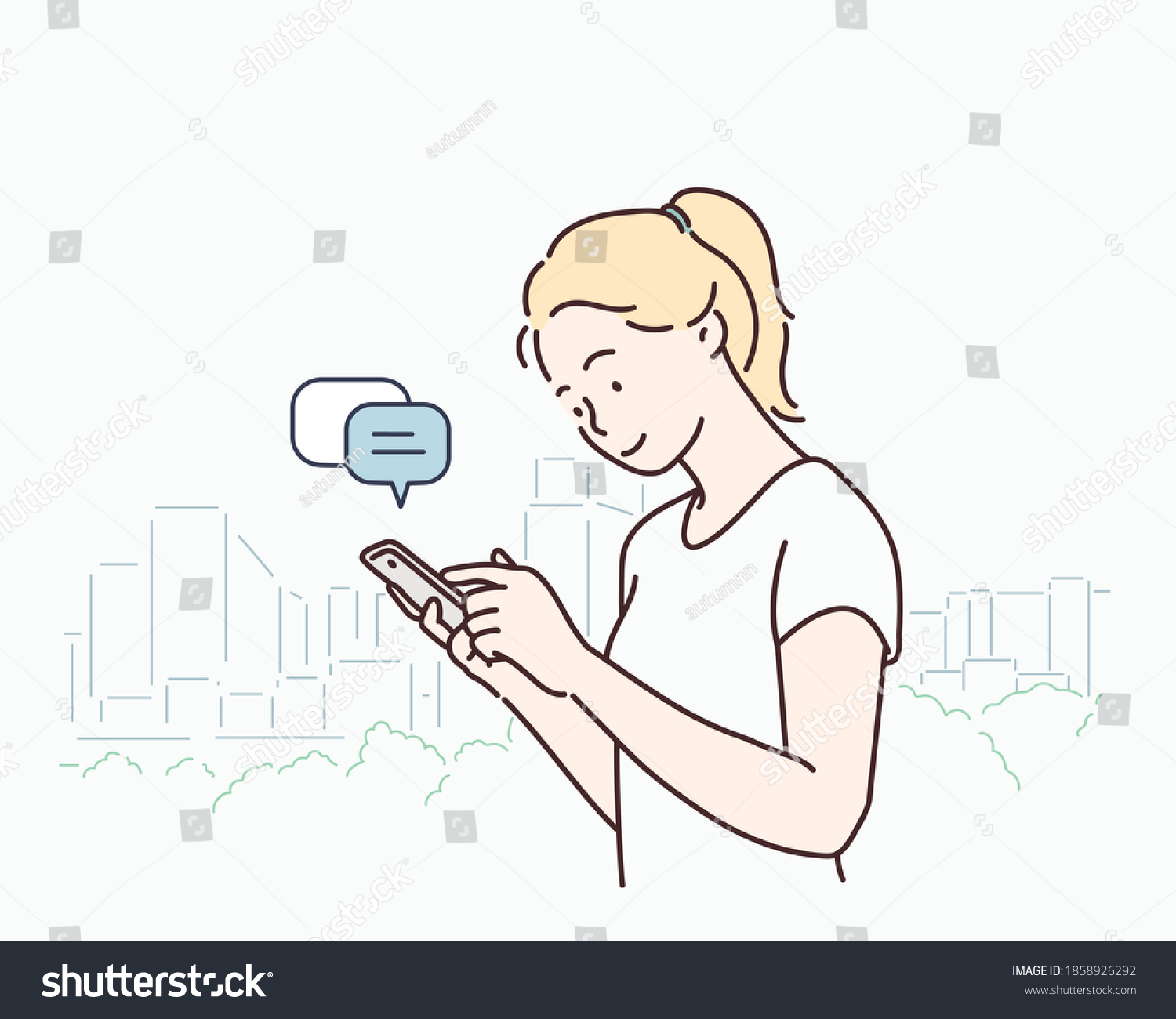 Young Woman Smartphone Hand Drawn Style Stock Vector Royalty Free 1858926292 0910