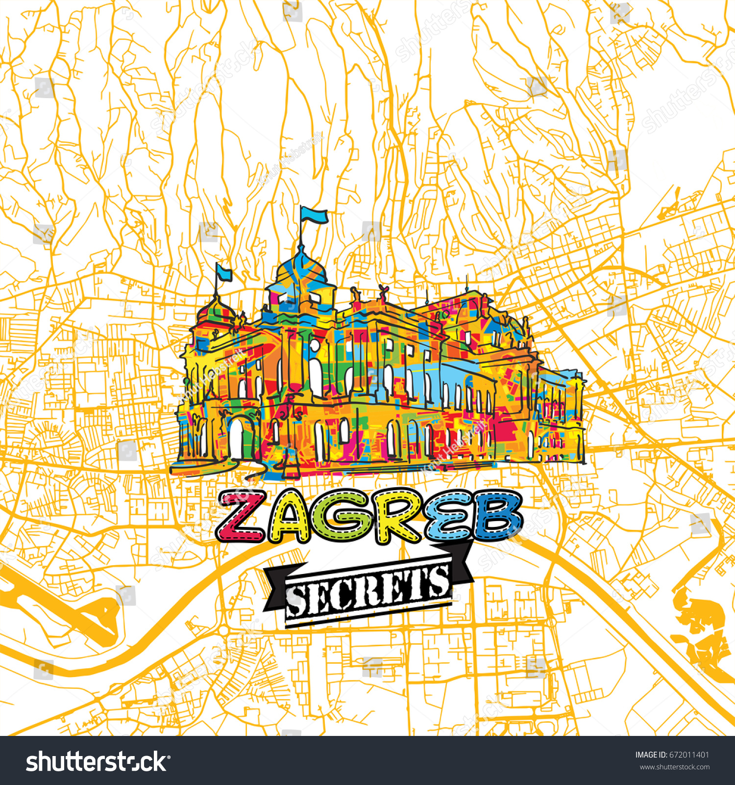 Zagreb Travel Secrets Art Map Mapping Vector De Stock Libre De Regalías 672011401 1571