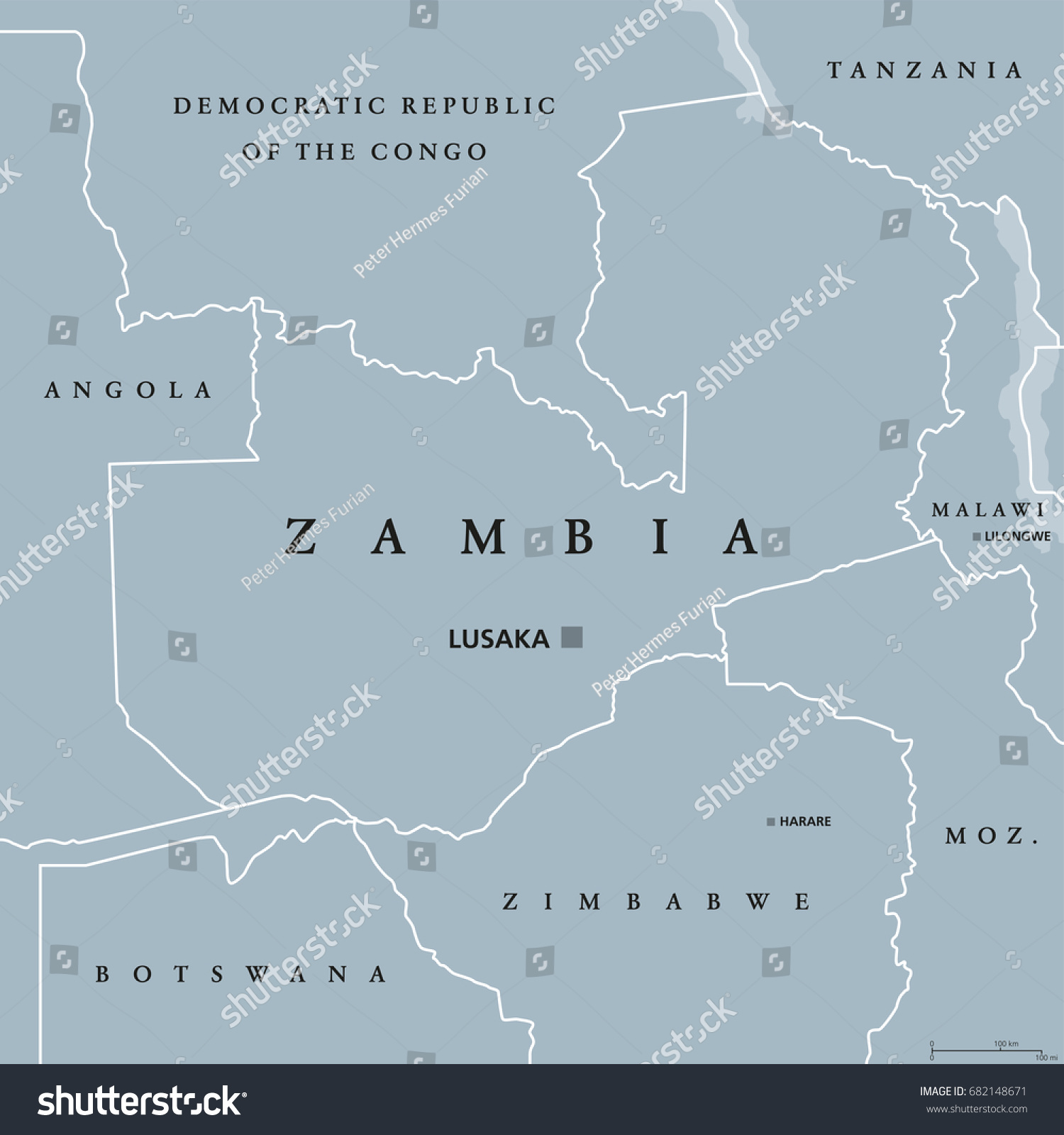 Zambia Political Map Capital Lusaka International   Stock Vector Zambia Political Map With Capital Lusaka International Borders And Neighbors Republic And 682148671 