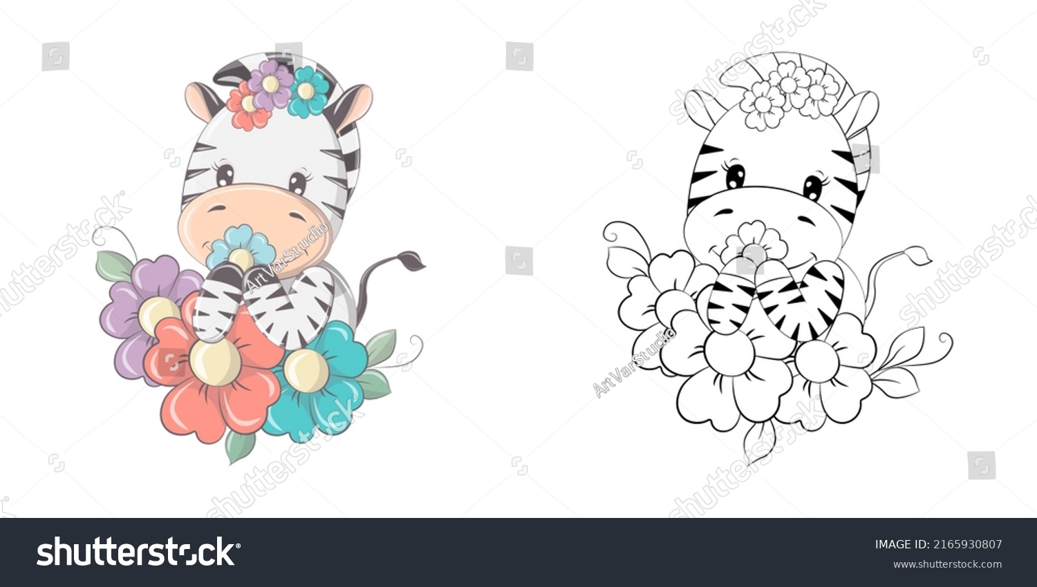SVG of Zebra Clipart Multicolored and Black and White. Beautiful Clip Art Zebra in Colorful Flowers. Vector Illustration of an Animal for Prints for Clothes, Stickers, Baby Shower, Coloring Pages.  svg