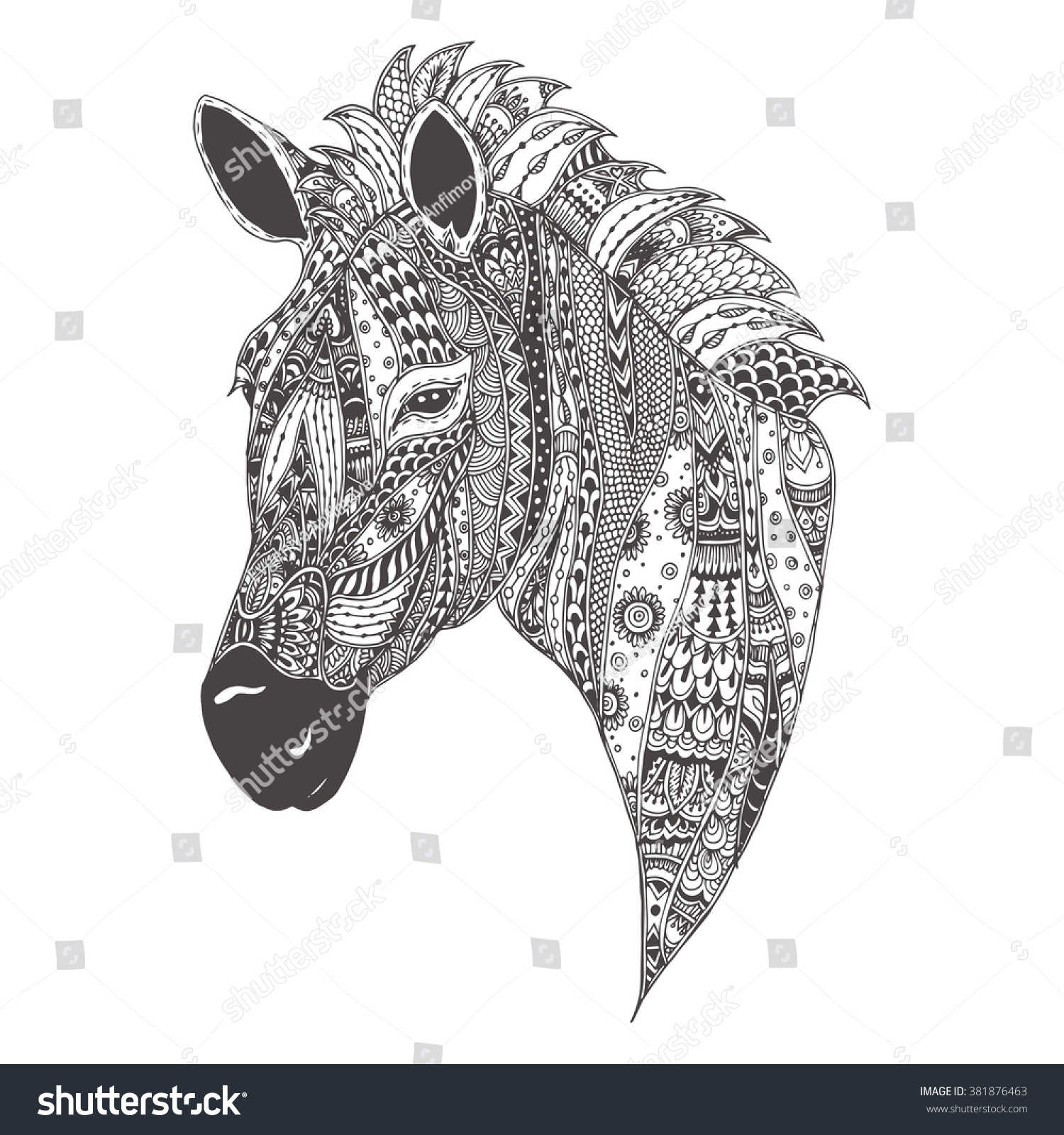 Zebra Ethnic Floral Doodle Pattern Coloring Stock Vector