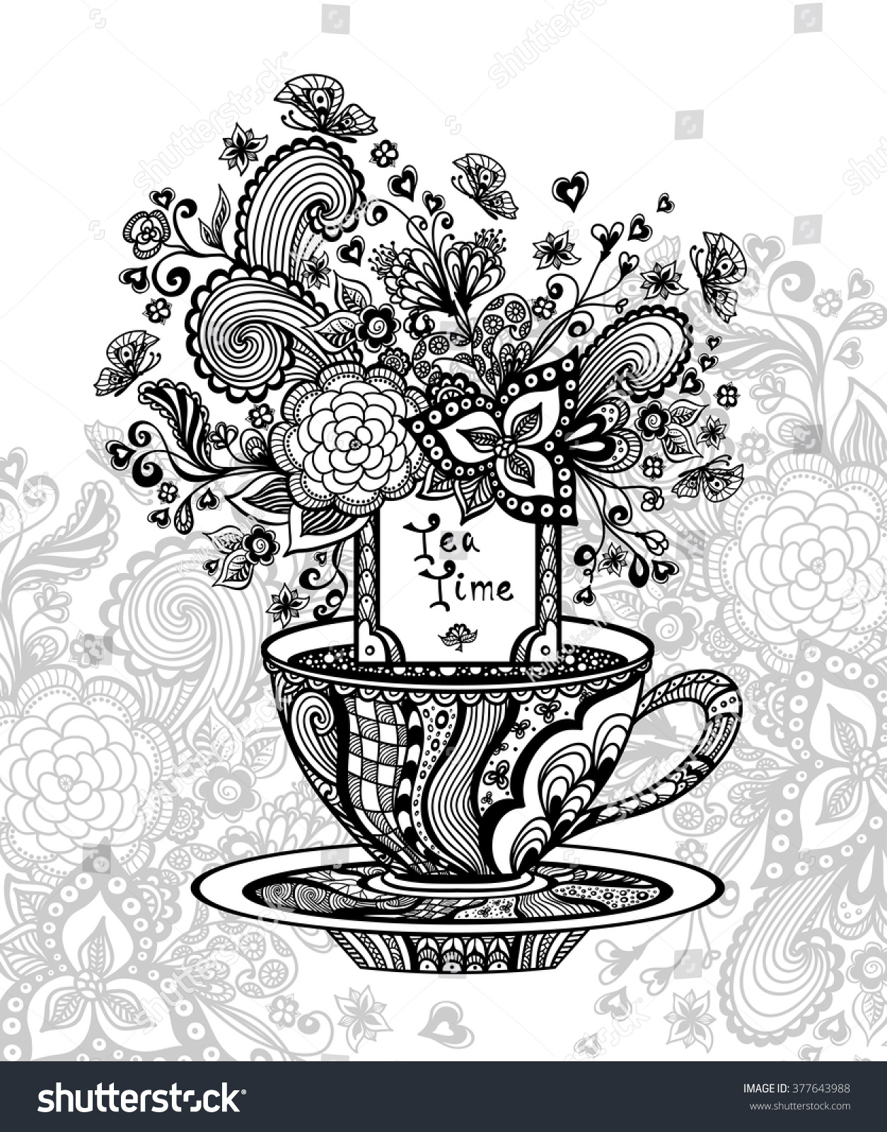Zen Doodle Cup Of Tea With Flowers Black On White For Advertising Or Package