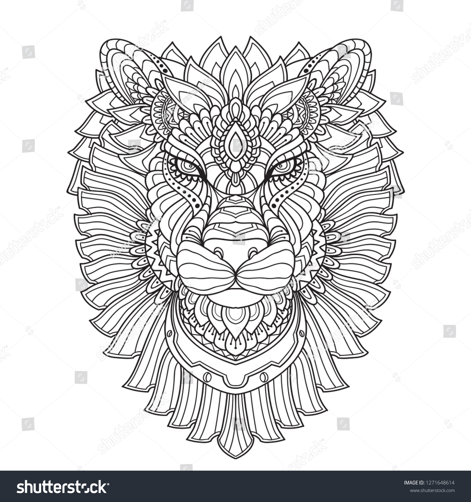 Zenta Lion 手描きの落書き風ゼンタングルライオンイラスト 彩色本用の装飾的な装飾的なベクターライオンの頭描き ベクター画像 のベクター画像素材 ロイヤリティフリー