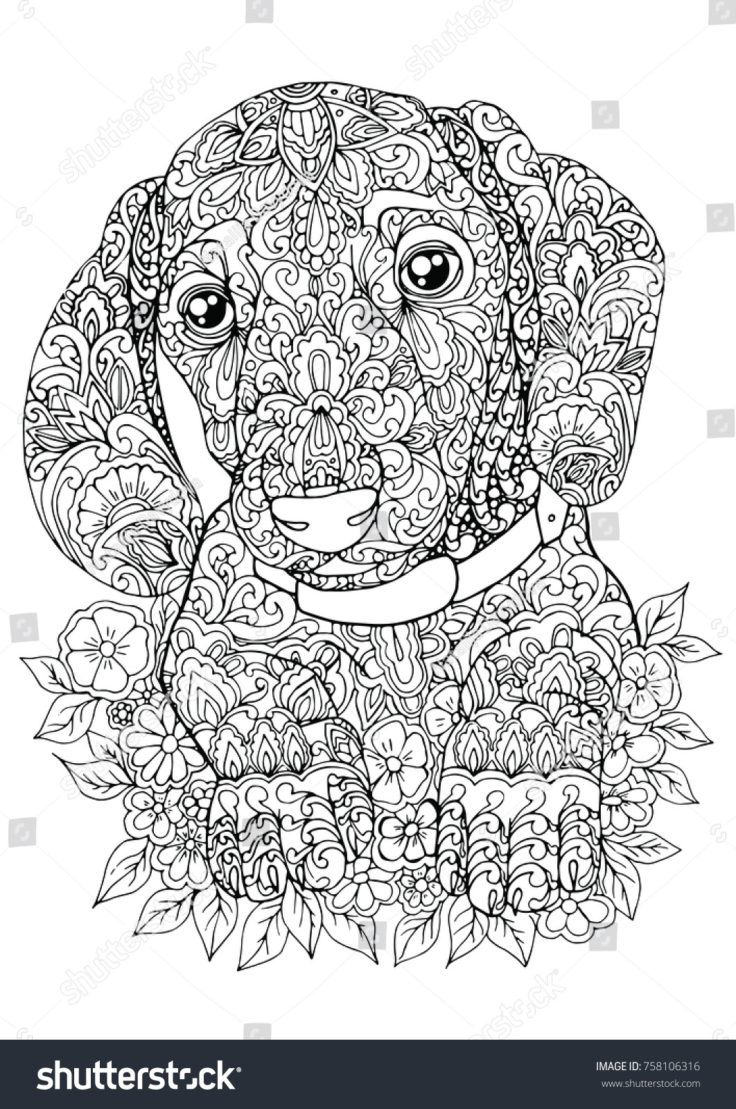 Zentangle Doodle Patterned Dog Flowers Design Stock Vector Royalty