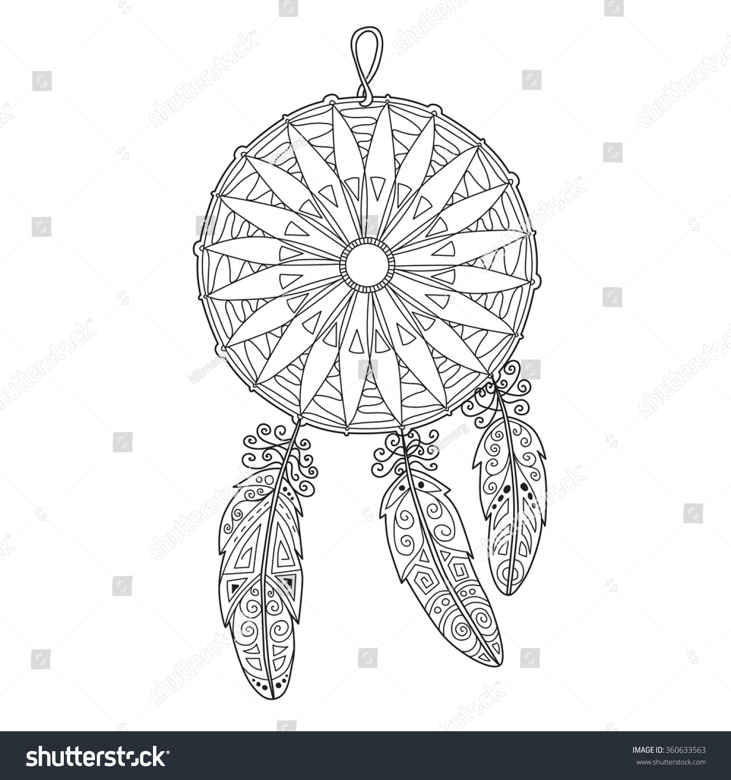 Zentangle dream catcher with feathers for adult anti stress Coloring Page for art therapy illustration