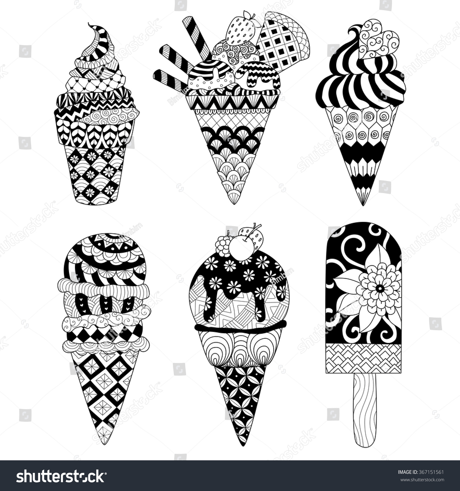 Zentangle Ice Cream Set Coloring Book Stock Vector (Royalty Free) 367151561
