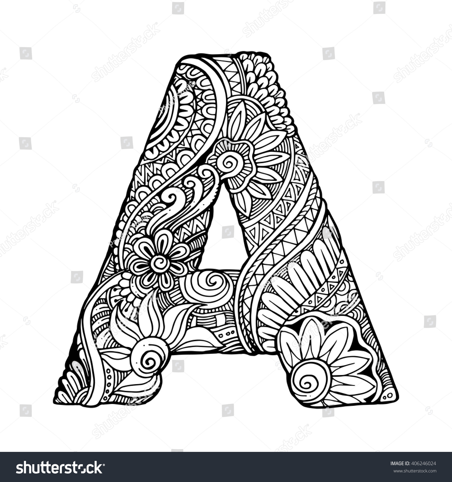 Download Zentangle Stylized Alphabet Letter A Vector Illustration Black White Hand Drawn Doodle Ethnic Pattern African Indian Totem Design Adult Antistress Coloring Page Poster Print T Shirt