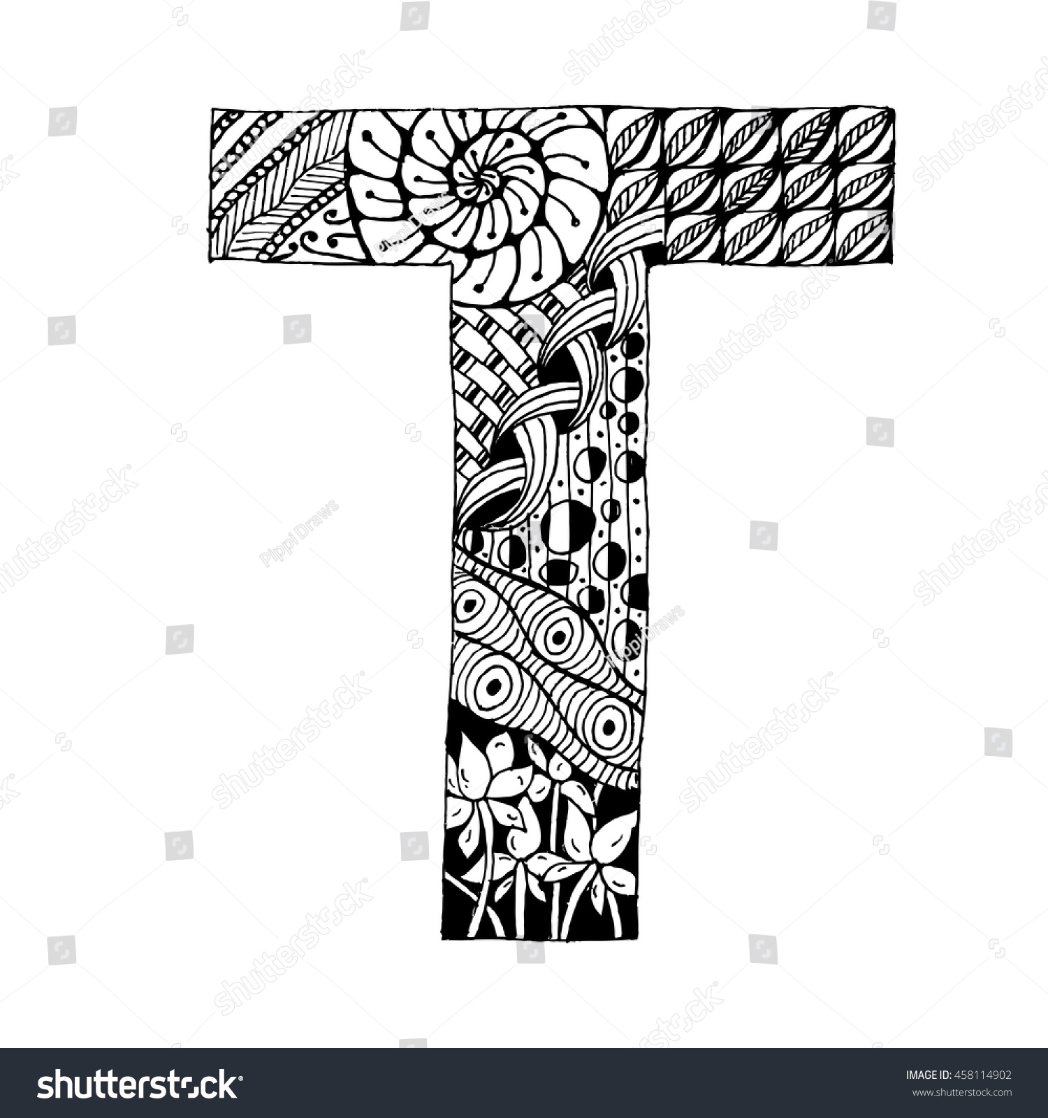 Zentangle Stylized Alphabet Letter T Doodle Stock Vector Royalty