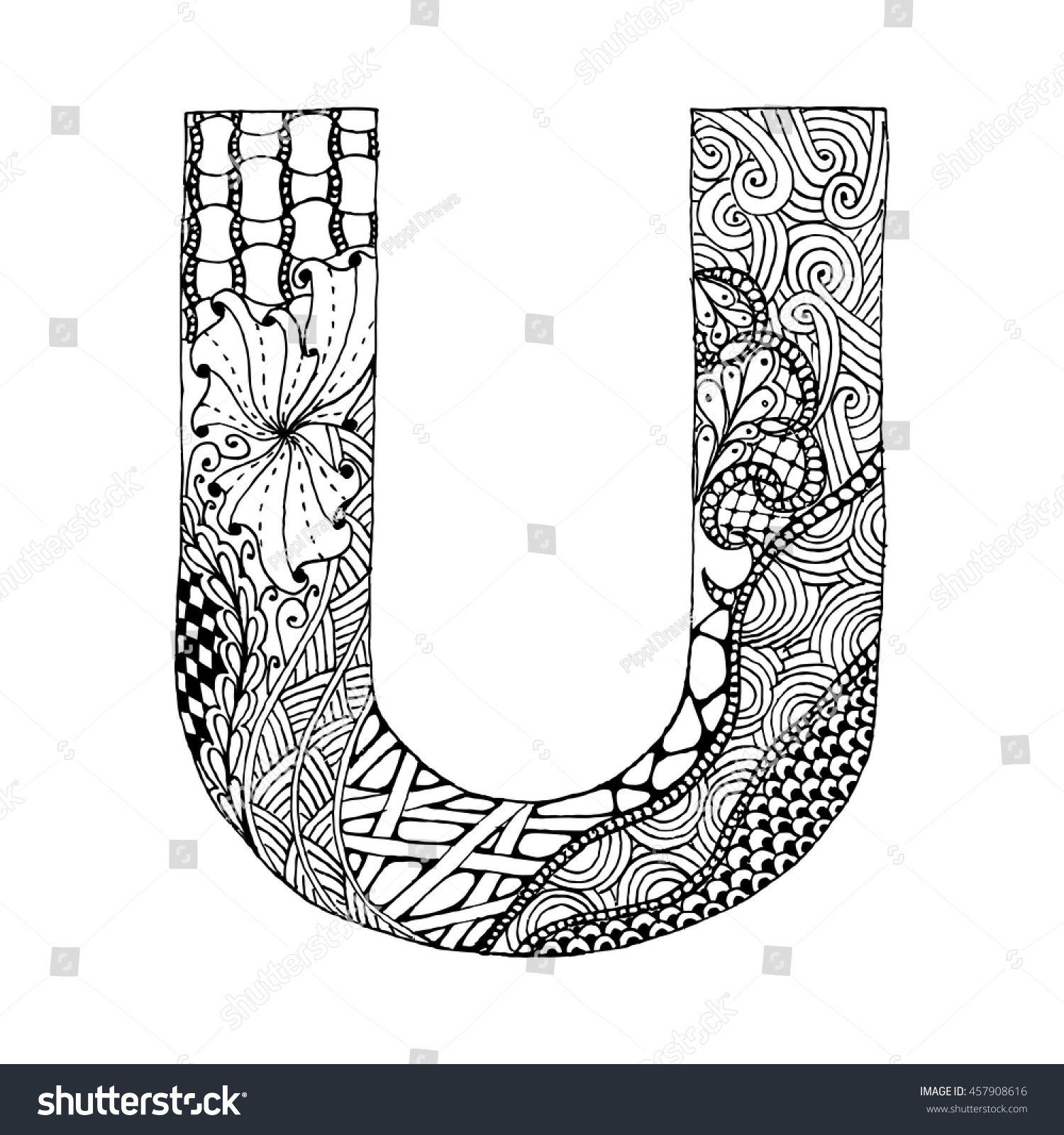 Zentangle Stylized Alphabet Letter U Doodle Stock Vector Royalty