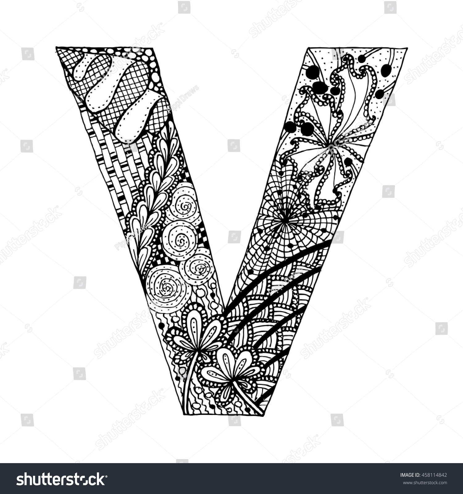 Zentangle Stylized Alphabet Letter V Doodle Stock Vector Royalty