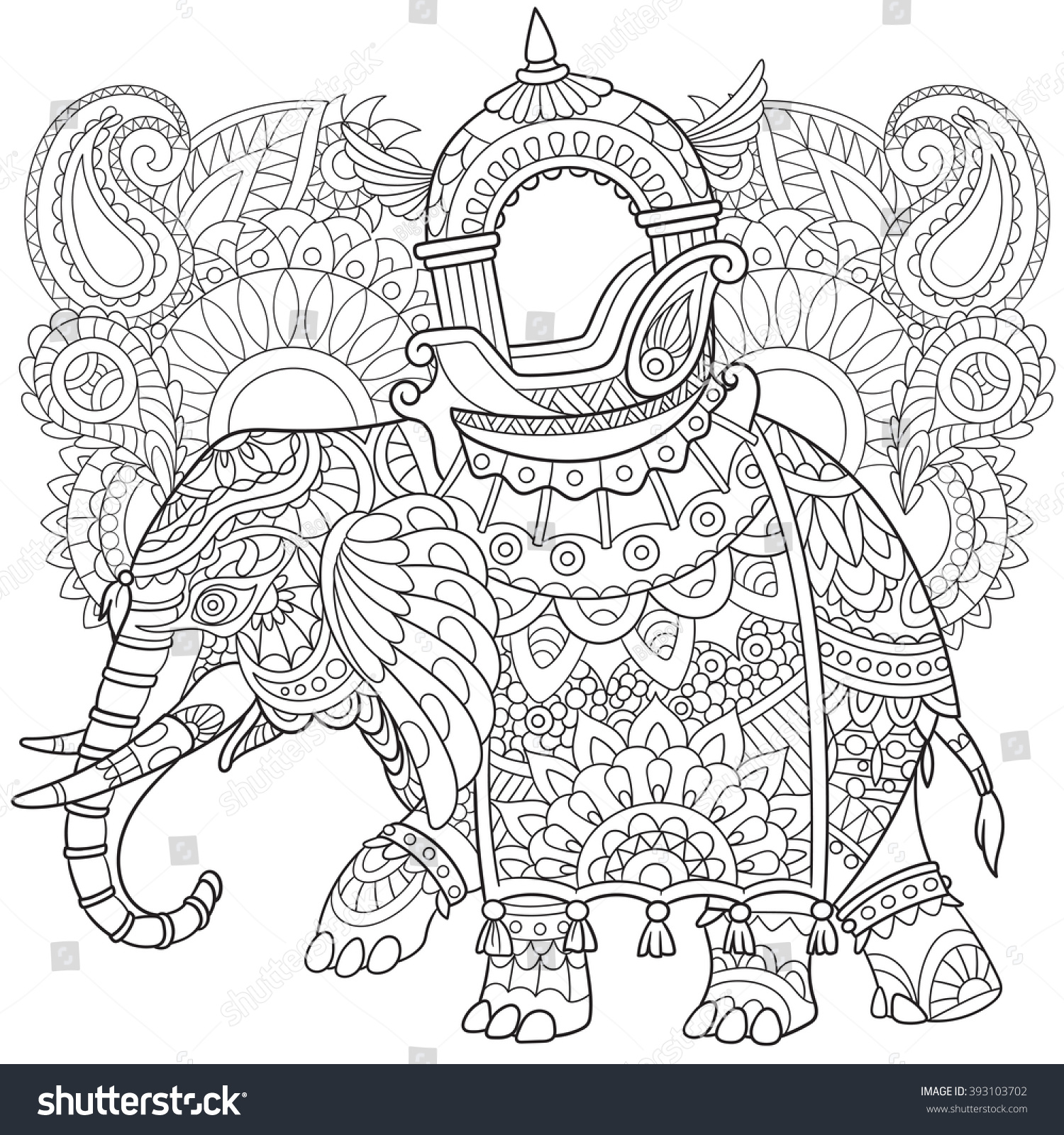 Zentangle Stylized Cartoon Elephant With Paisley And Mehndi Symbols Sketch For Adult Antistress Coloring Page