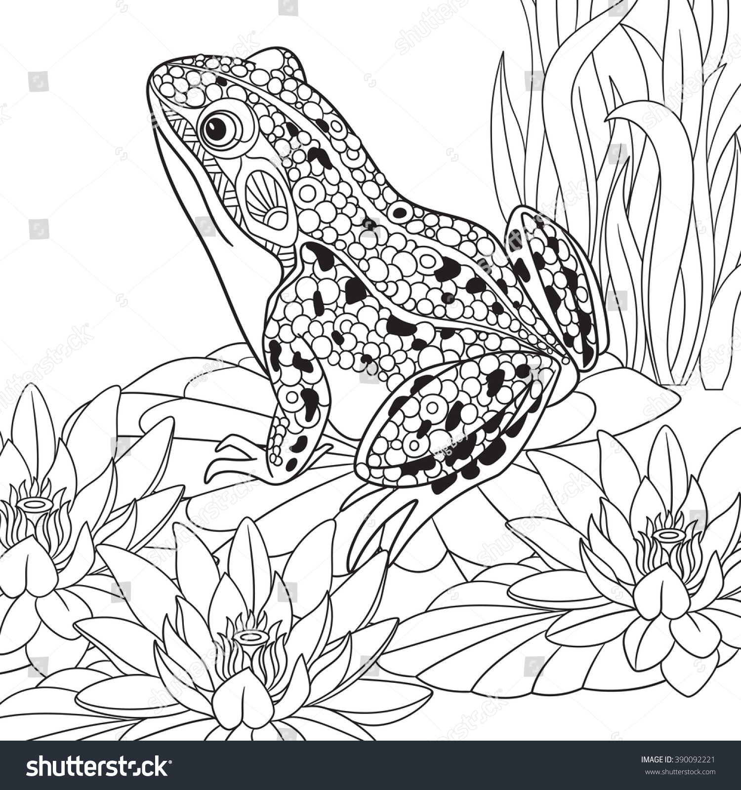 Zentangle Stylized Cartoon Frog Sitting Among Stock Vector 390092221