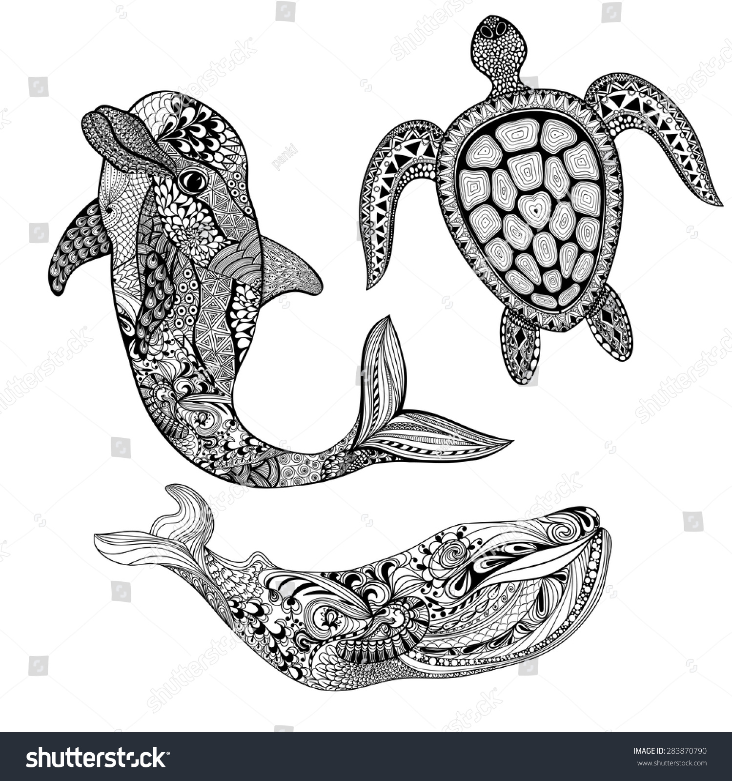 SVG of Zentangle stylized set sea animals. Black dolphin, whale and turtle isolated on white background. Hand Drawn aquatic doodle vector illustration. Sketch for tattoo or makhenda. Ocean life. svg