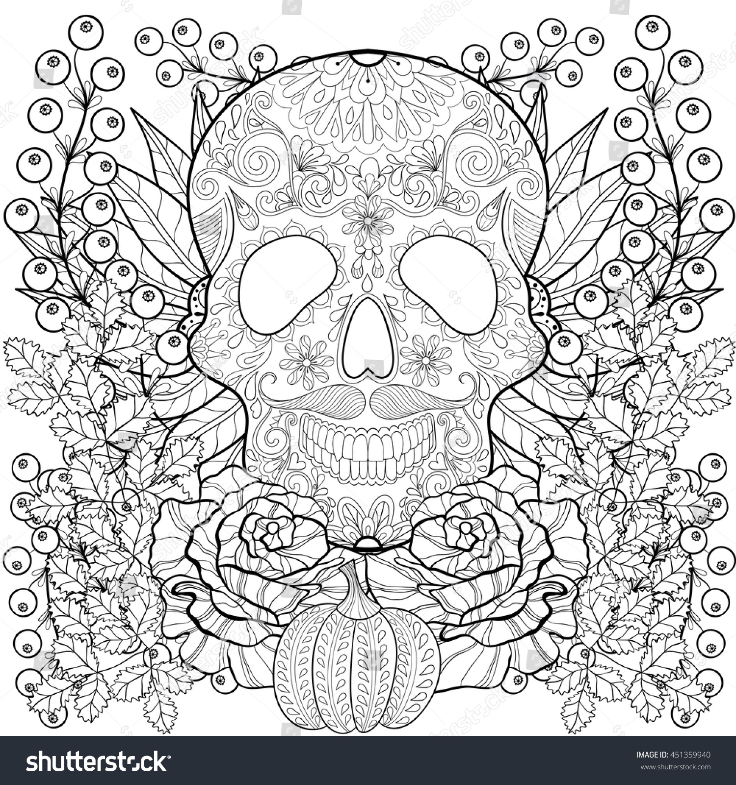 Zentangle Stylized Skull With Pumpkin, Rose, Sunflower For Halloween ...