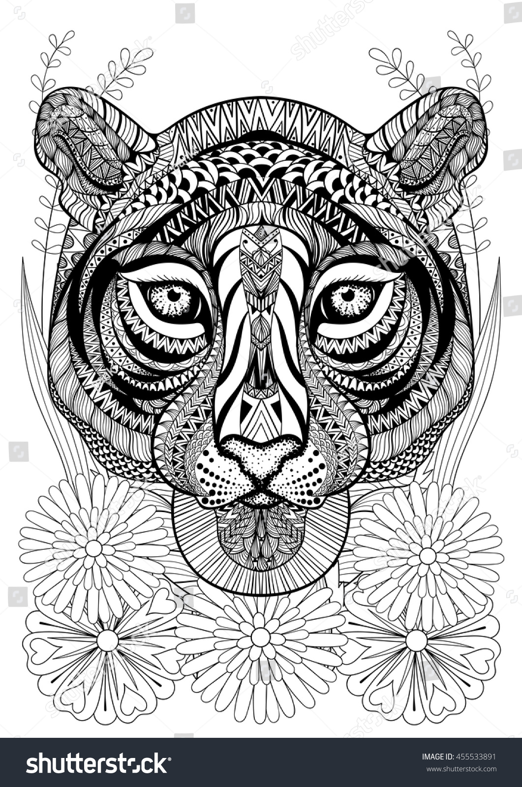 Zentangle stylized tiger face on flowers Hand drawn ethnic animal for adult coloring pages