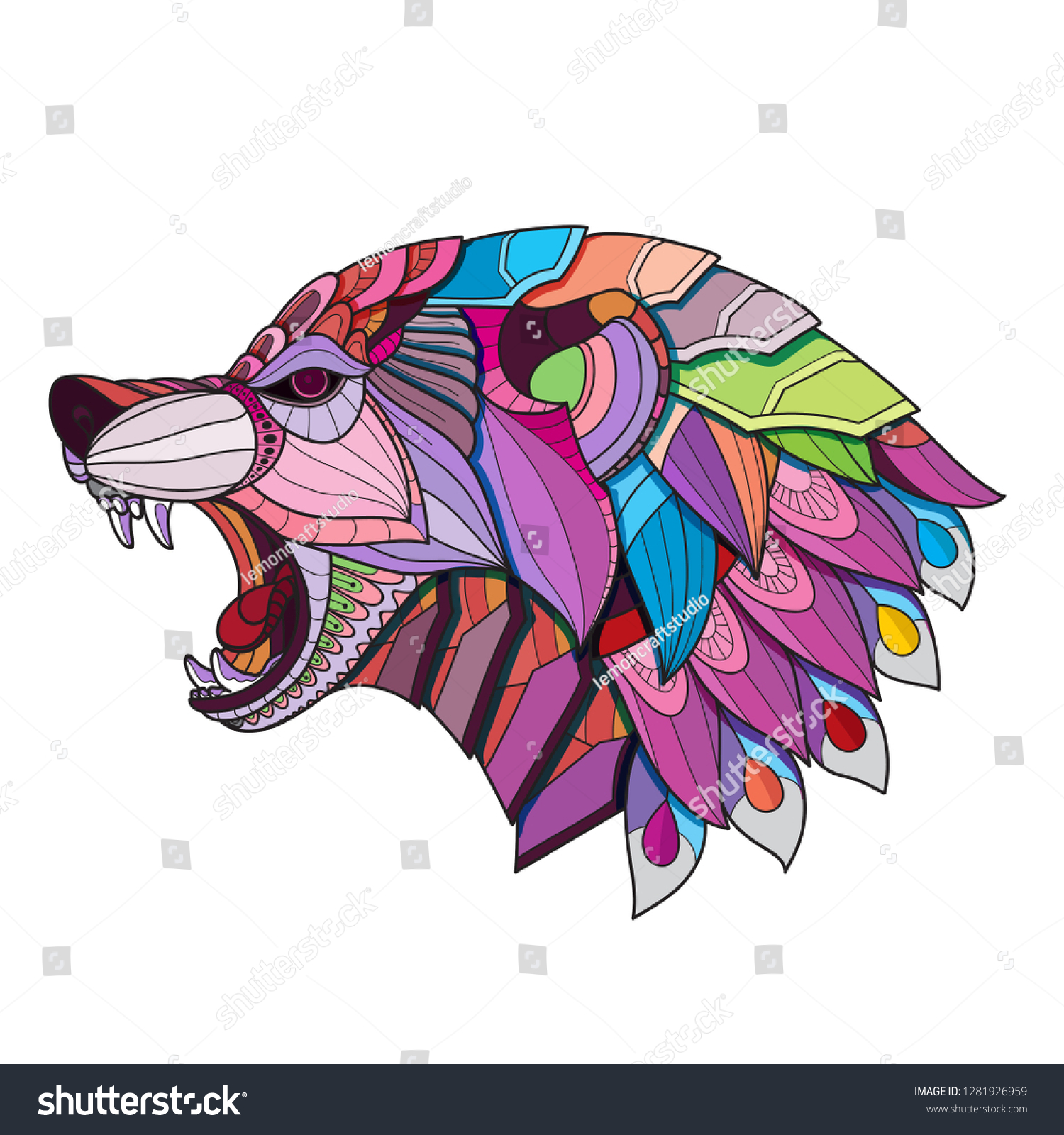 SVG of zentangle wolf. zentangle animal. zentangle colored. Hand drawn doodle zentangle wolf head illustration. Decorative ornate vector wolf head drawing colored.  -Vector svg