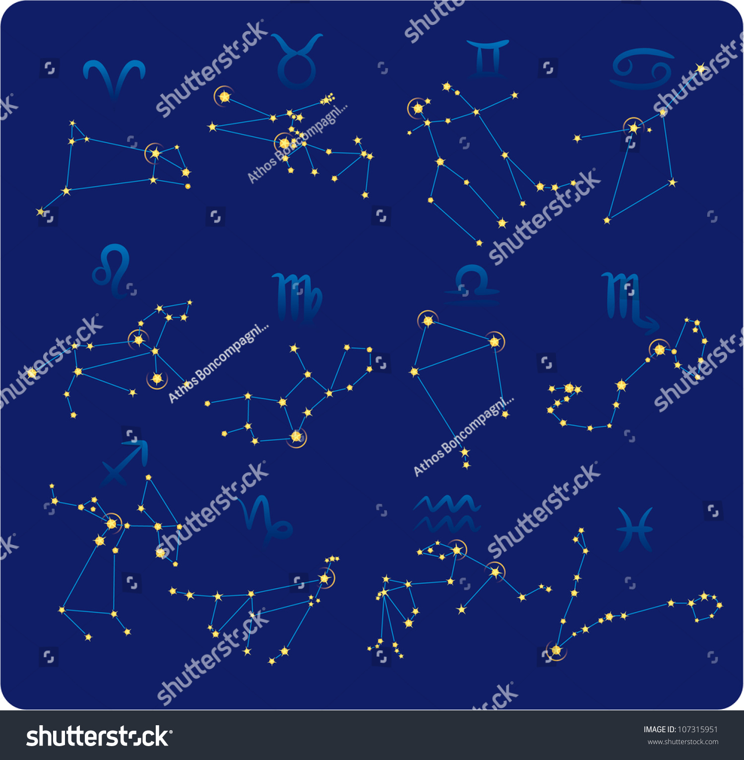 Zodiac Constellations Made Stars Lines Symbols Stock Vector 107315951 ...