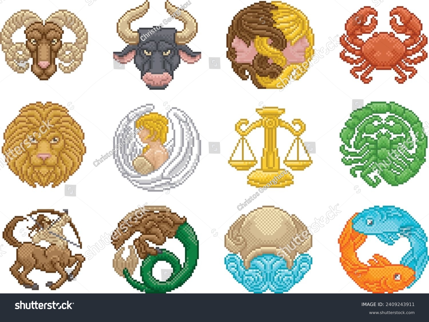 SVG of Zodiac horoscope or astrology signs in a retro video game arcade 8 bit pixel art style svg