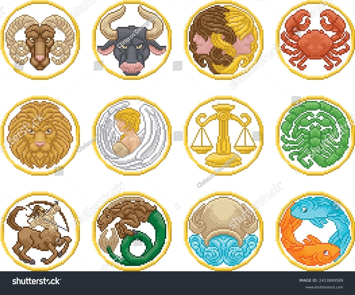 SVG of Zodiac horoscope or astrology signs in a retro video game arcade 8 bit pixel art style svg