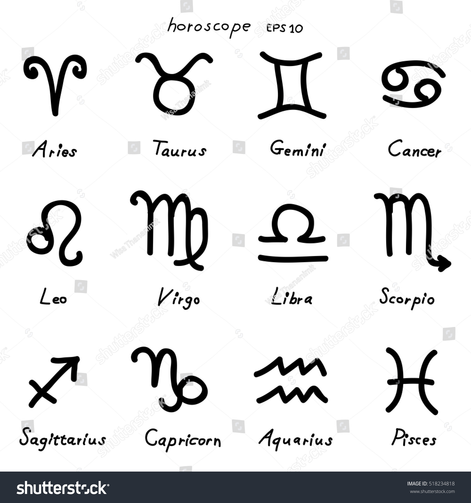 Zodiac Outline Doodles Stylized Sign Horoscope Stock Vector 518234818 ...