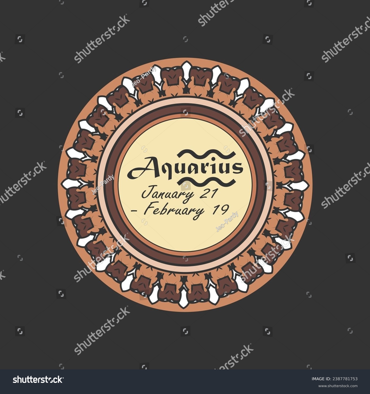 SVG of Zodiac sign Aquarius in a round paterned frame. Icon, emblem on a black background. Vector illustration svg