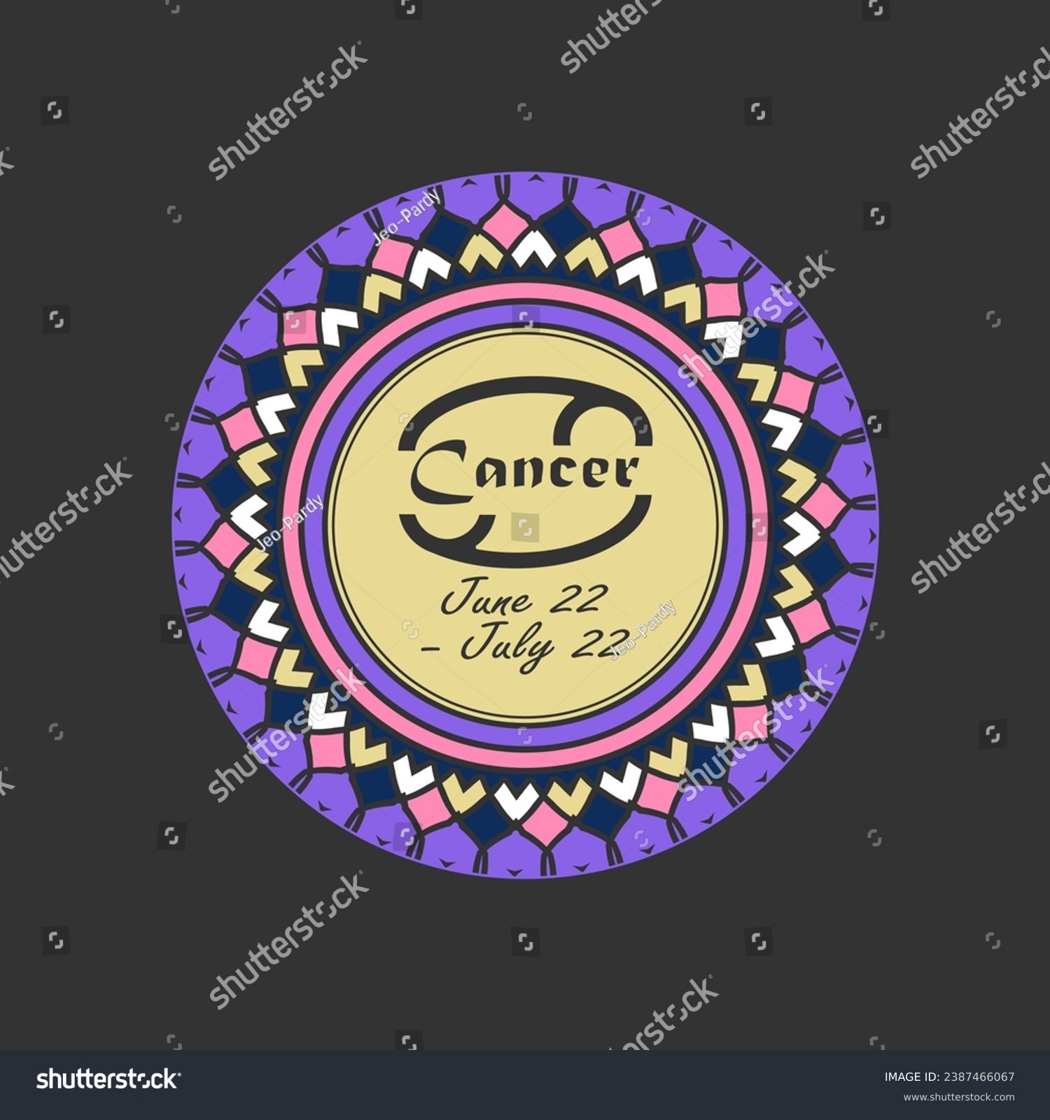 SVG of Zodiac sign Cancer in a round paterned frame. Multi-colored icon, emblem on a black background. Vector illustration svg