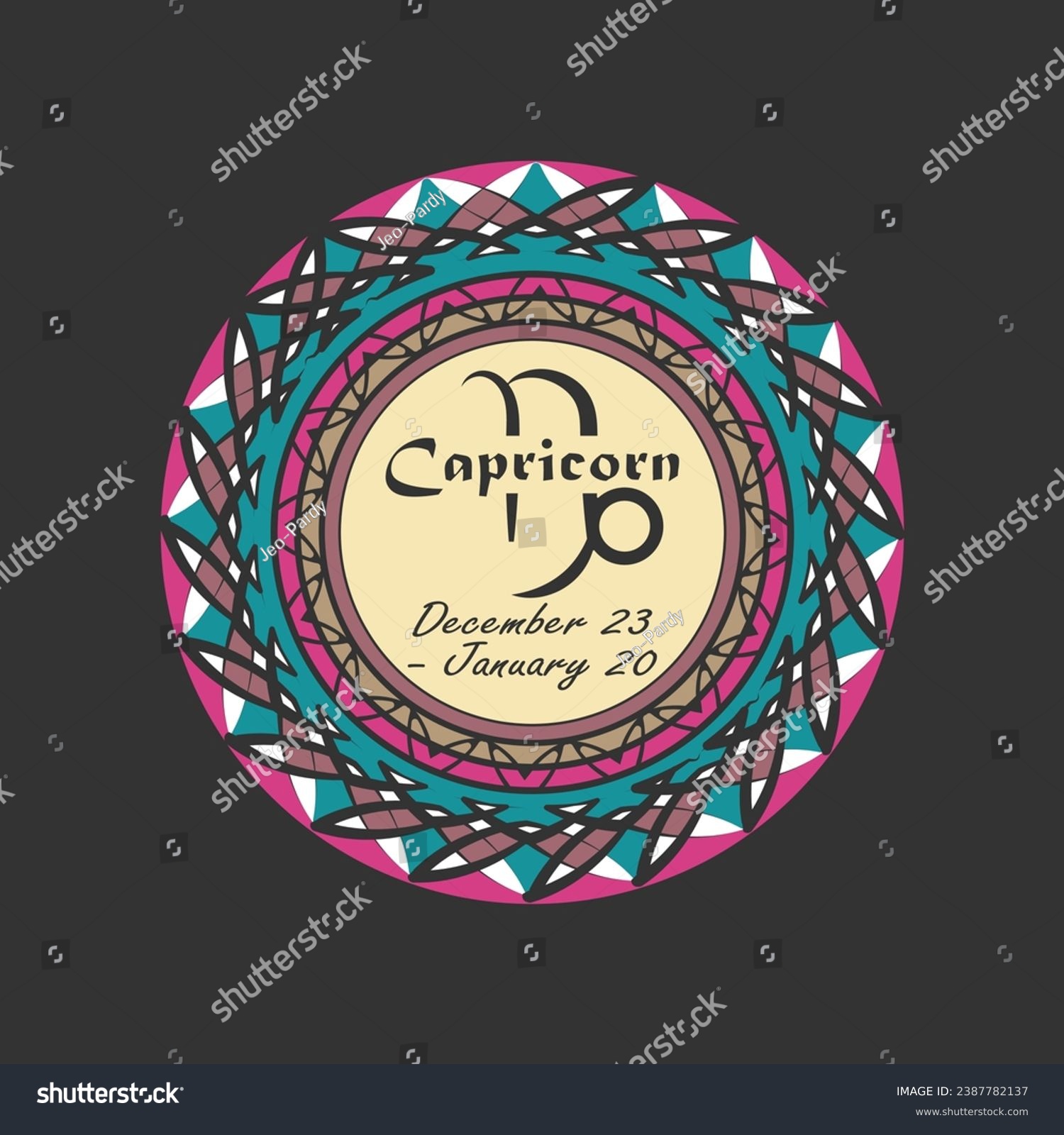 SVG of Zodiac sign Capricorn in a round paterned frame. Icon, emblem on a black background. Vector illustration svg