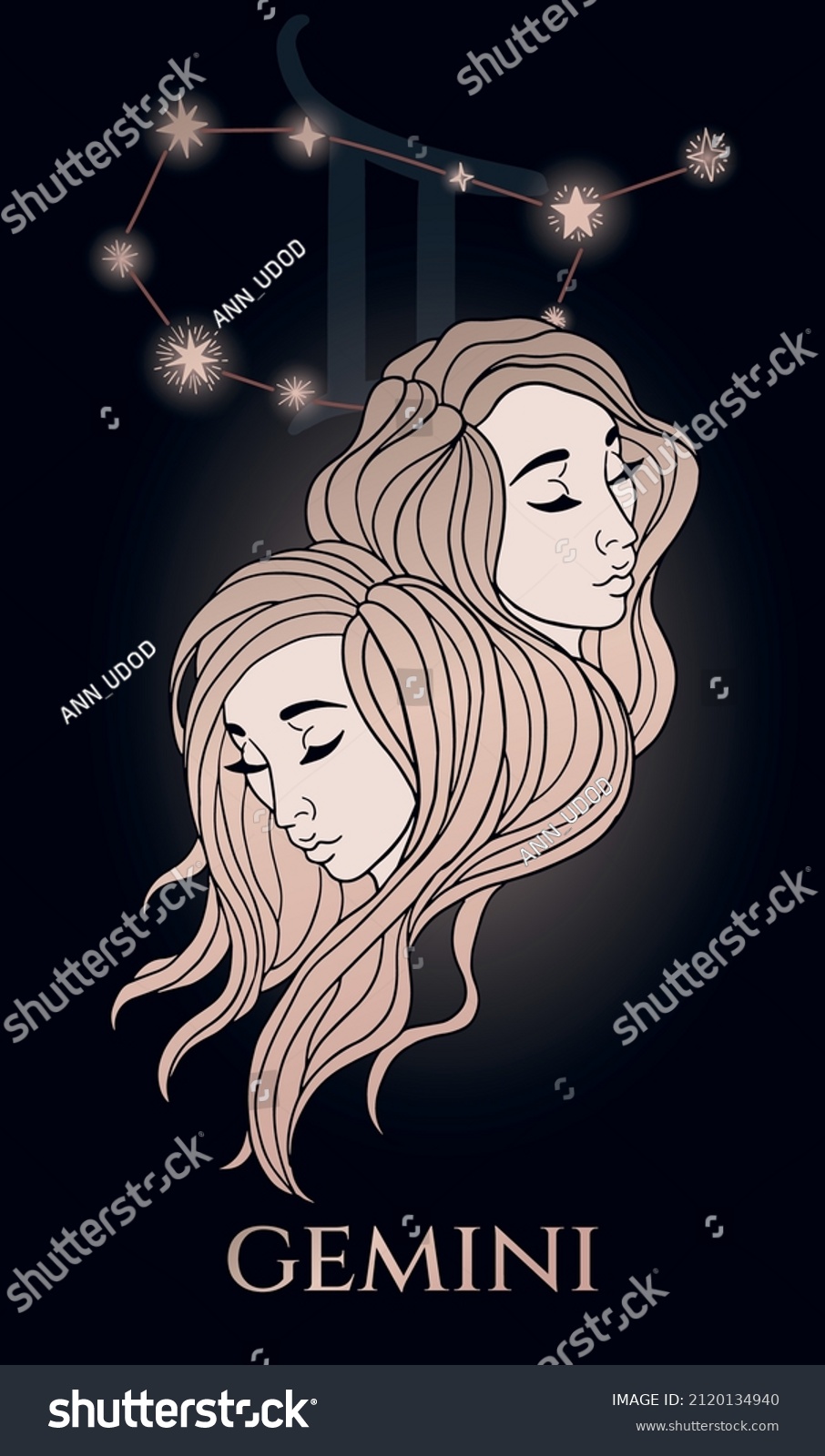 Zodiac Sign Gemini Female Portrait Black Stock Vector (Royalty Free ...