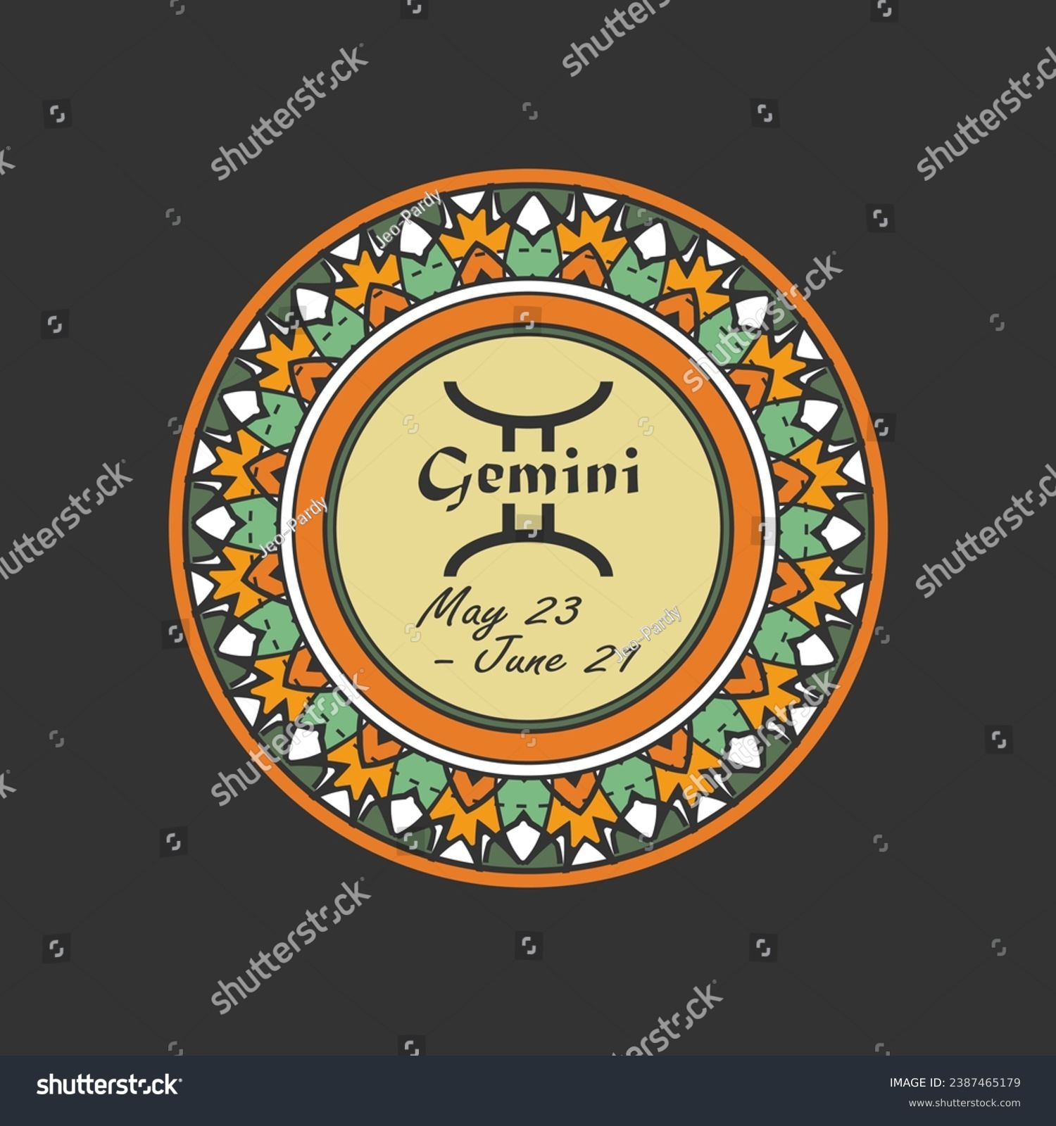 SVG of Zodiac sign Gemini in a round paterned frame. Multi-colored icon, emblem on a black background. Vector illustration svg