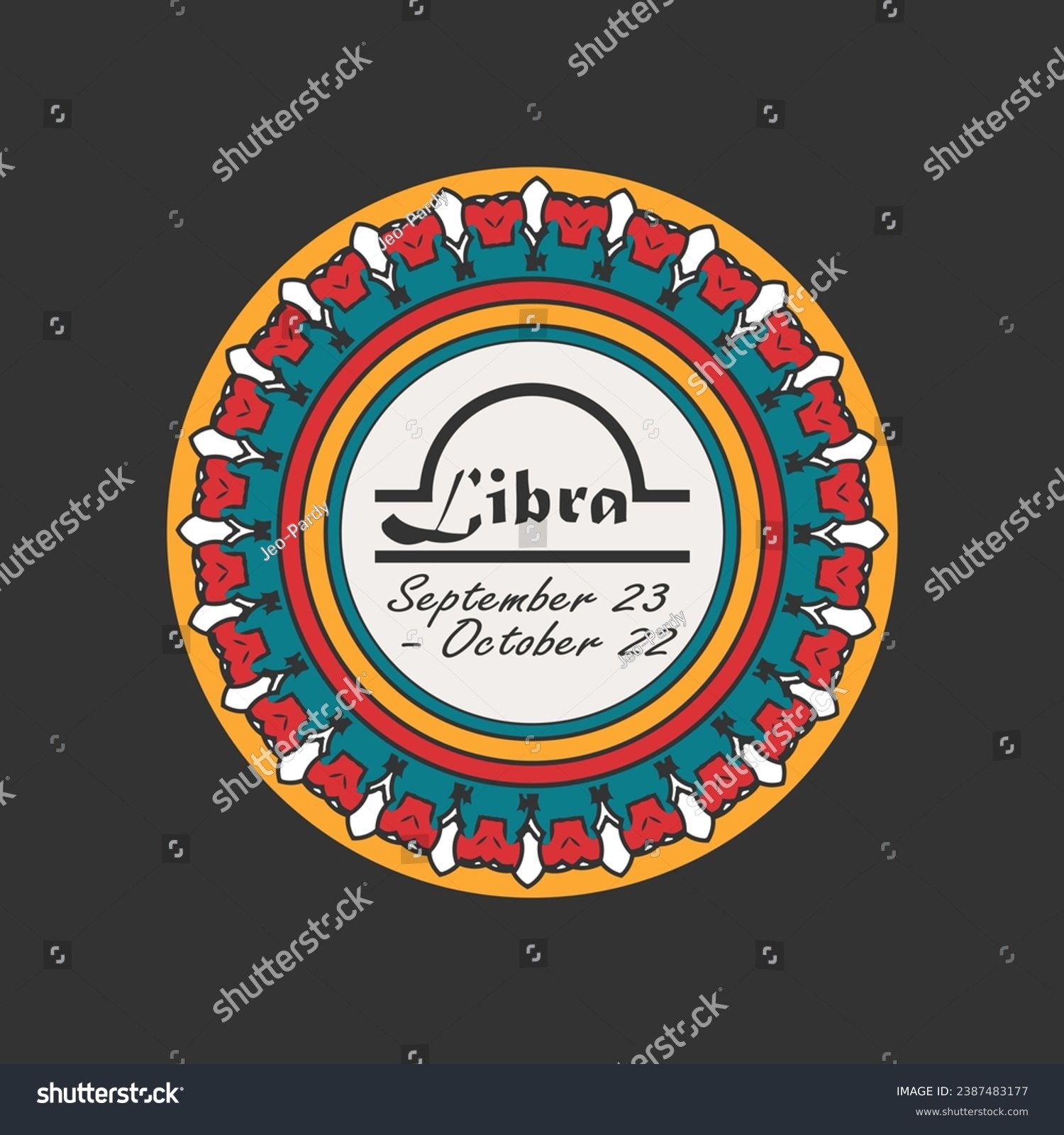 SVG of Zodiac sign Libra in a round paterned frame. Multi-colored icon, emblem on a black background. Vector illustration svg