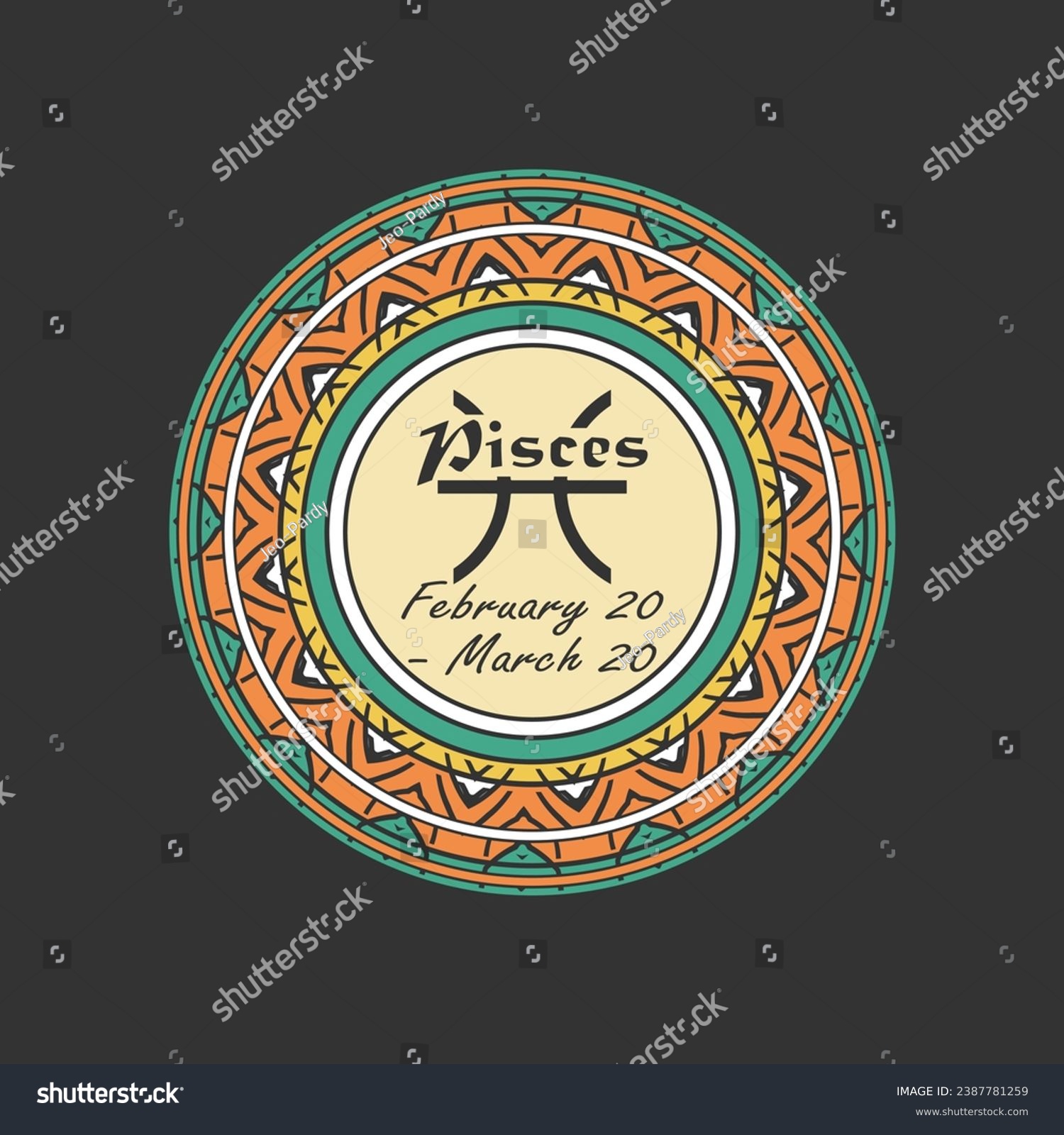 SVG of Zodiac sign Pisces in a round paterned frame. Icon, emblem on a black background. Vector illustration svg