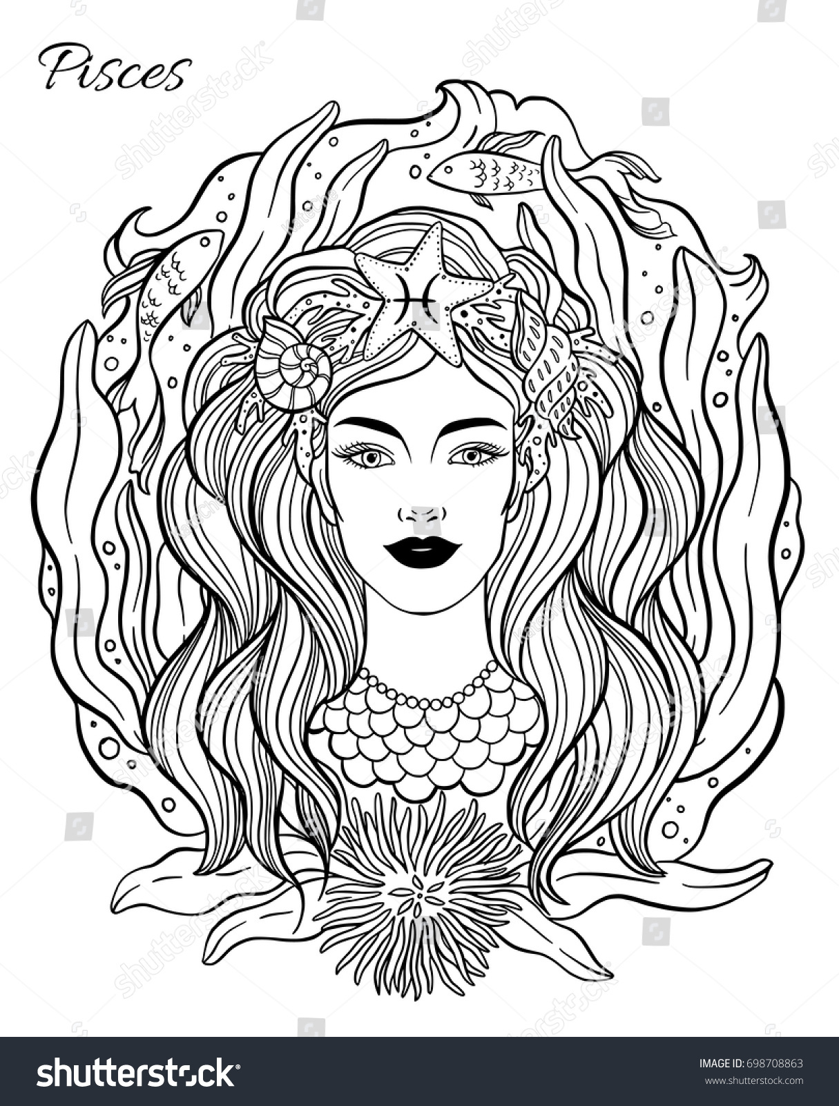 Download Zodiac Sign Pisces Woman Hand Drawn Stock Vector 698708863 - Shutterstock