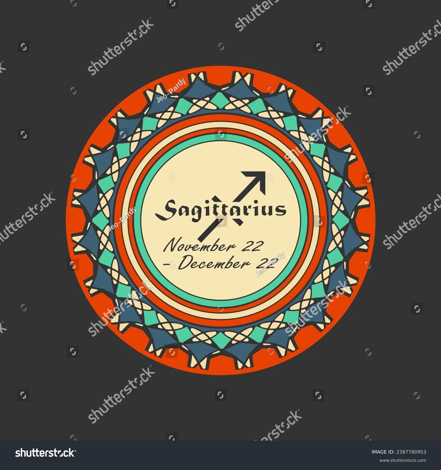 SVG of Zodiac sign Sagittarius in a round paterned frame. Icon, emblem on a black background. Vector illustration svg