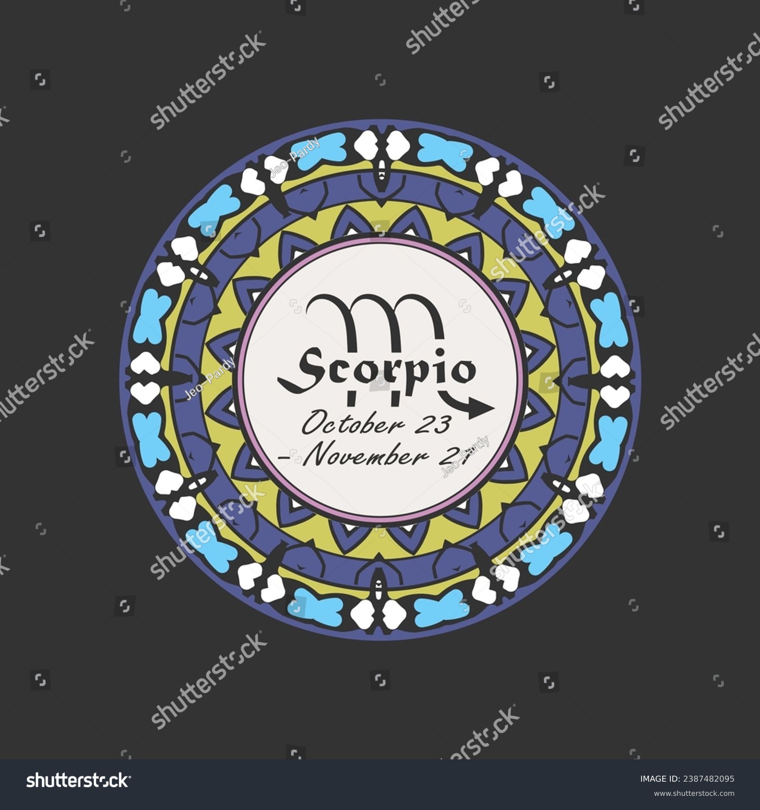SVG of Zodiac sign Scorpio in a round paterned frame. Multi-colored icon, emblem on a black background. Vector illustration svg