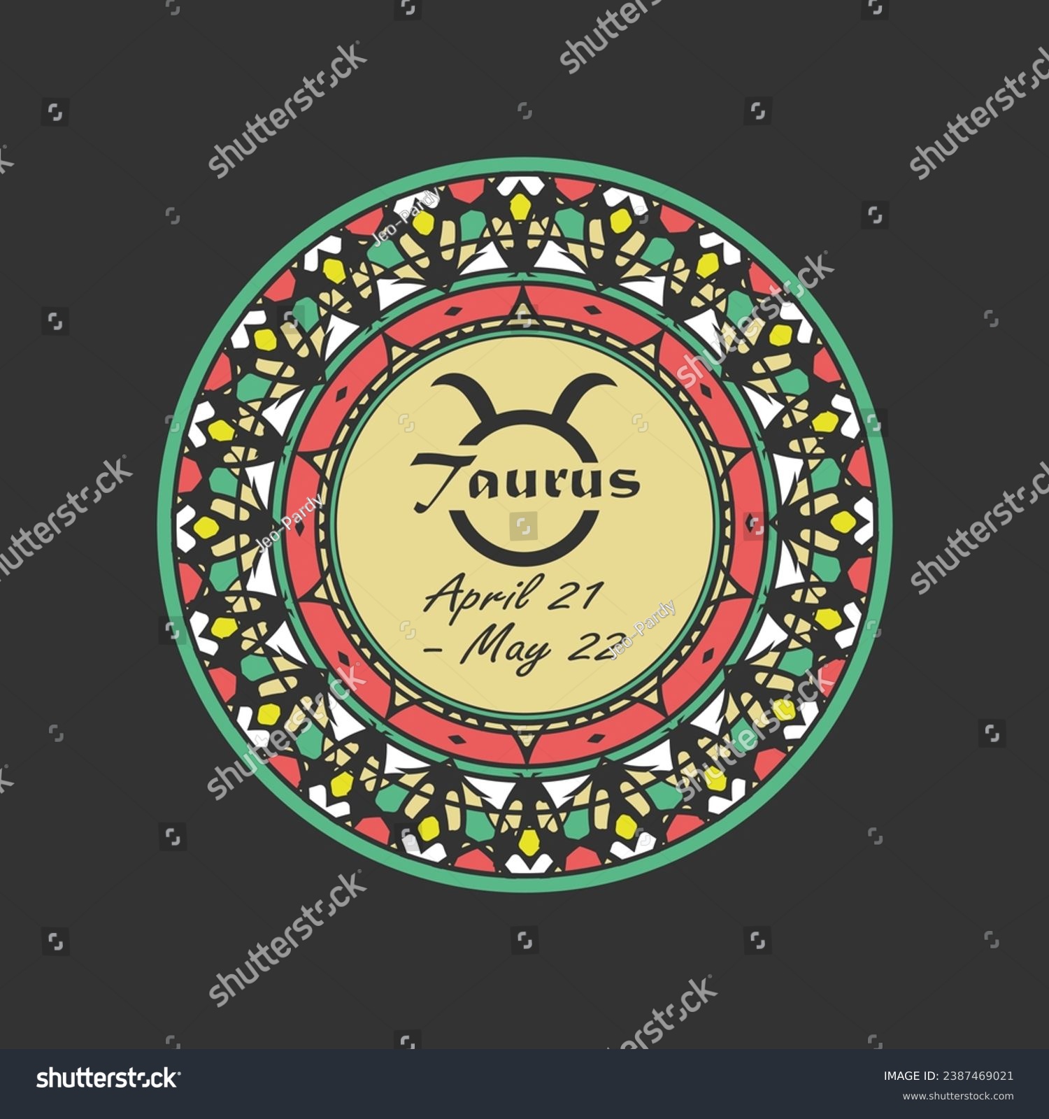 SVG of Zodiac sign Taurus in a round paterned frame. Multi-colored icon, emblem on a black background. Vector illustration svg