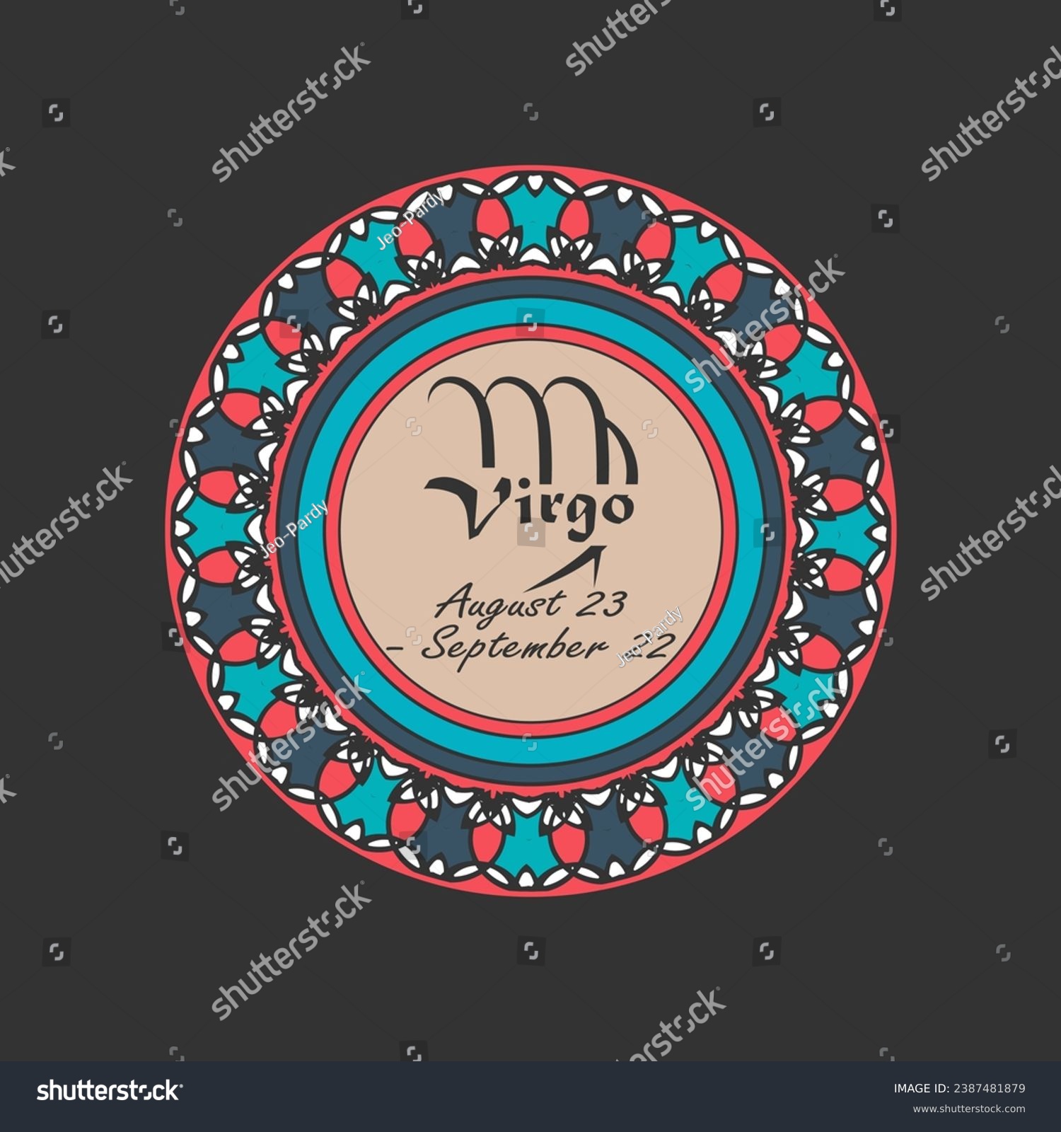 SVG of Zodiac sign Virgo in a round paterned frame. Multi-colored icon, emblem on a black background. Vector illustration svg