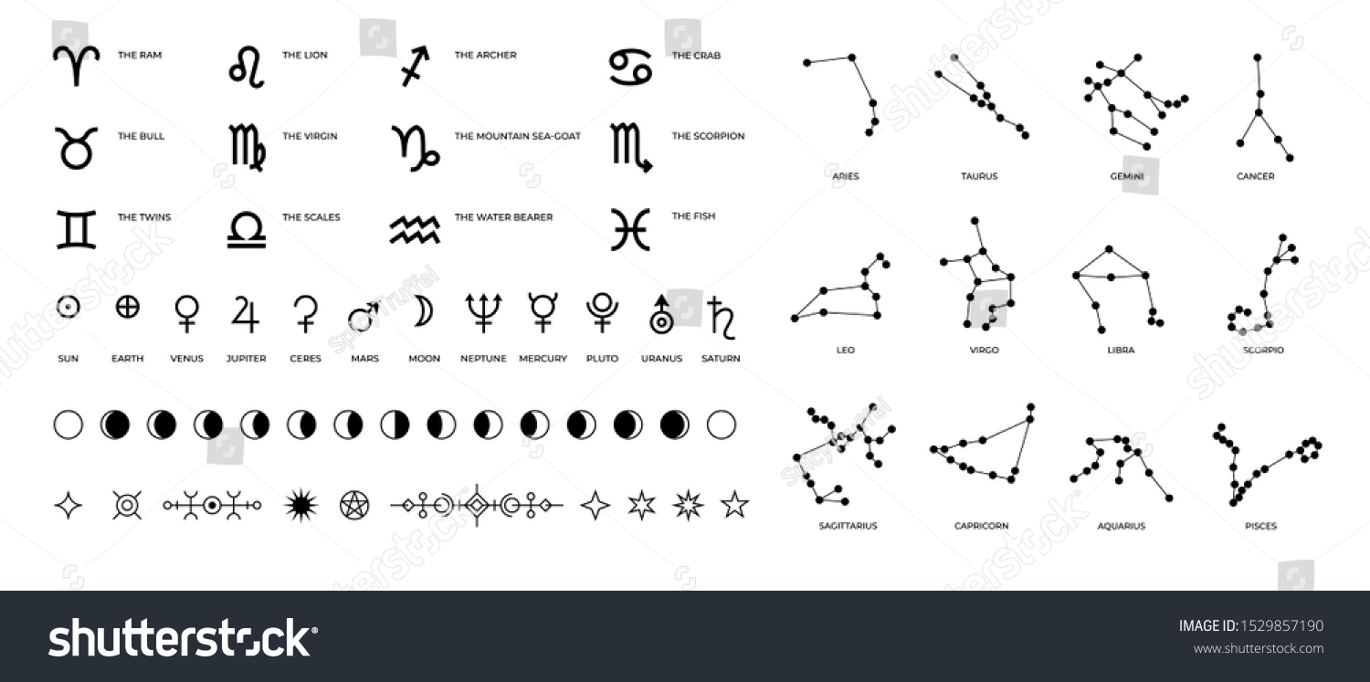 干支記号と星座 星や月相を持つ星占いの記号 古代の錬金術のベクター画像セット絵文字エレメント星座イラスト のベクター画像素材 ロイヤリティフリー