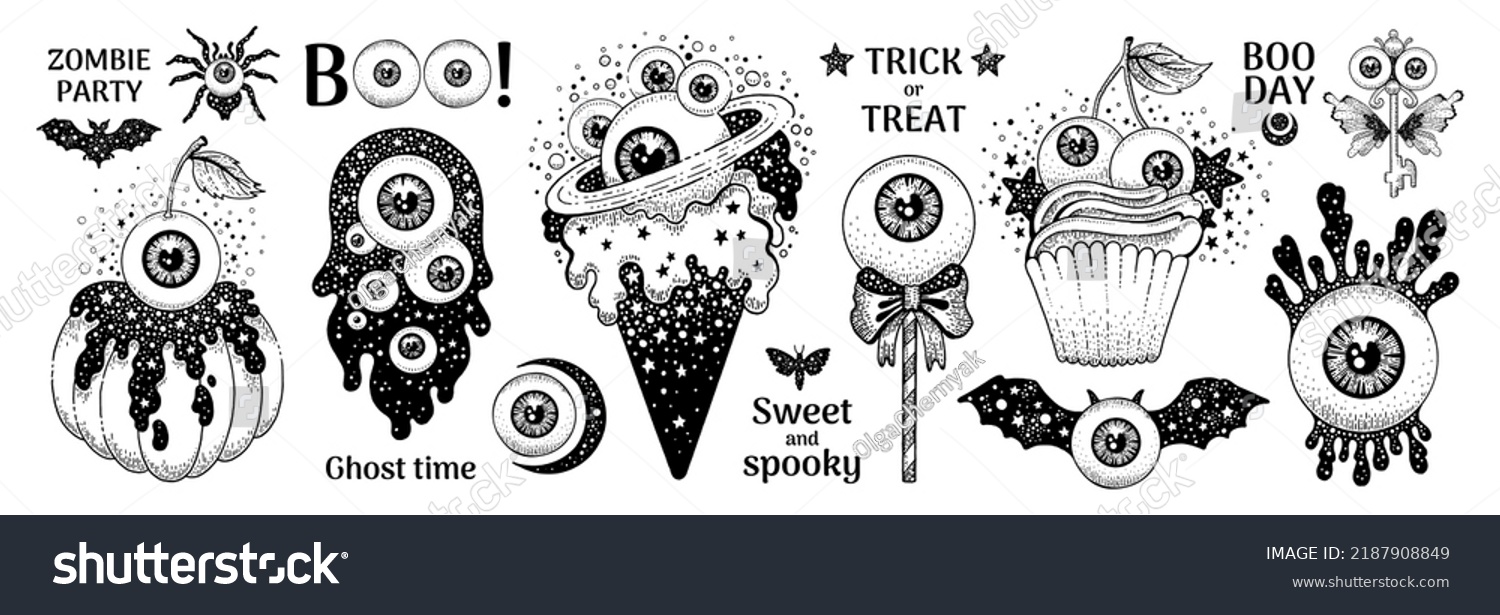 SVG of Zombie psychedelic Halloween candy. Eyeball sketch icon. Hand drawn sweet vintage vector. Doodle retro eye bar. Ice cream, lollipop, gummy, chocolate, toffee. Ghost and witch Halloween kid candy art svg